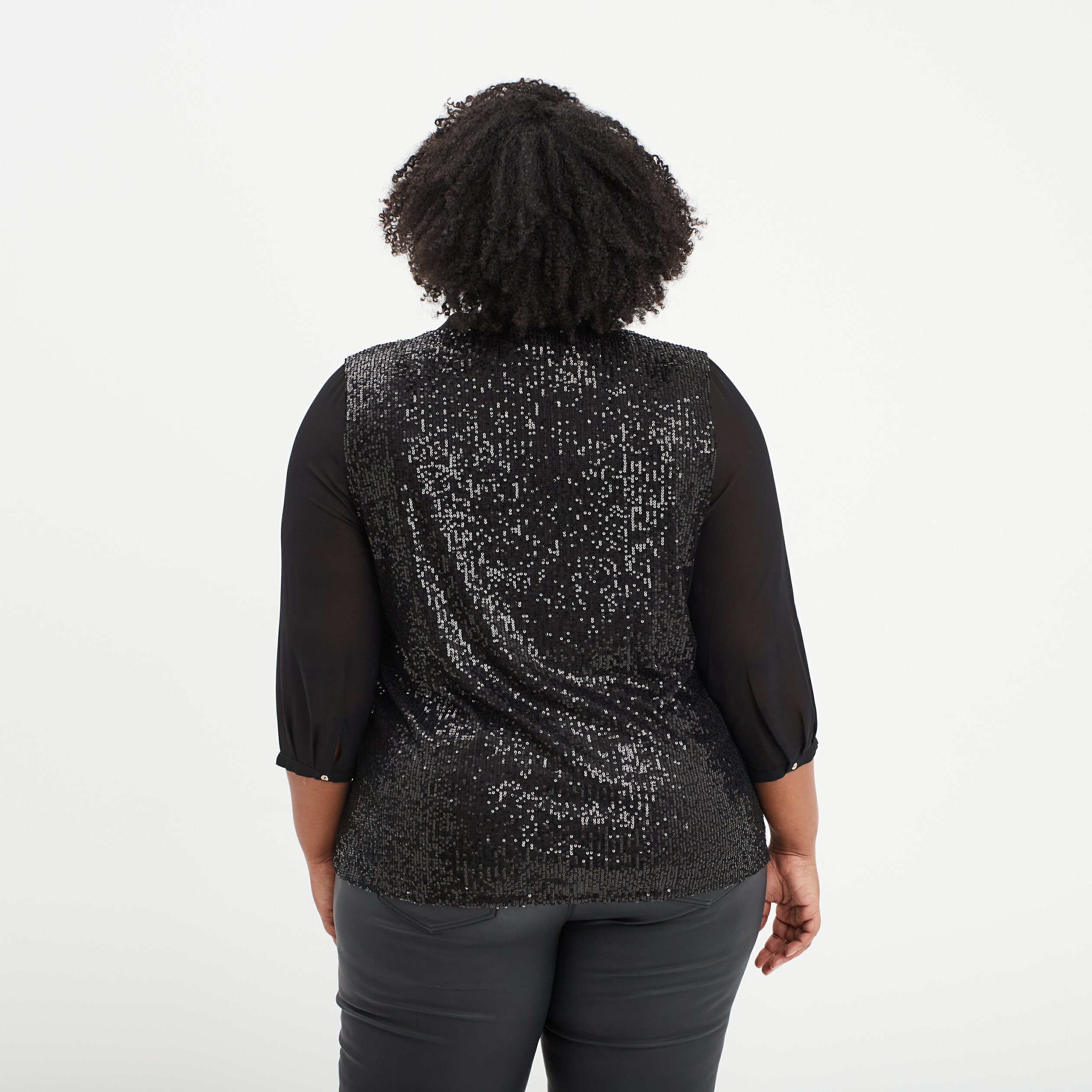 Blouse sequins manches 3/4 transparentes noir femme grande taille