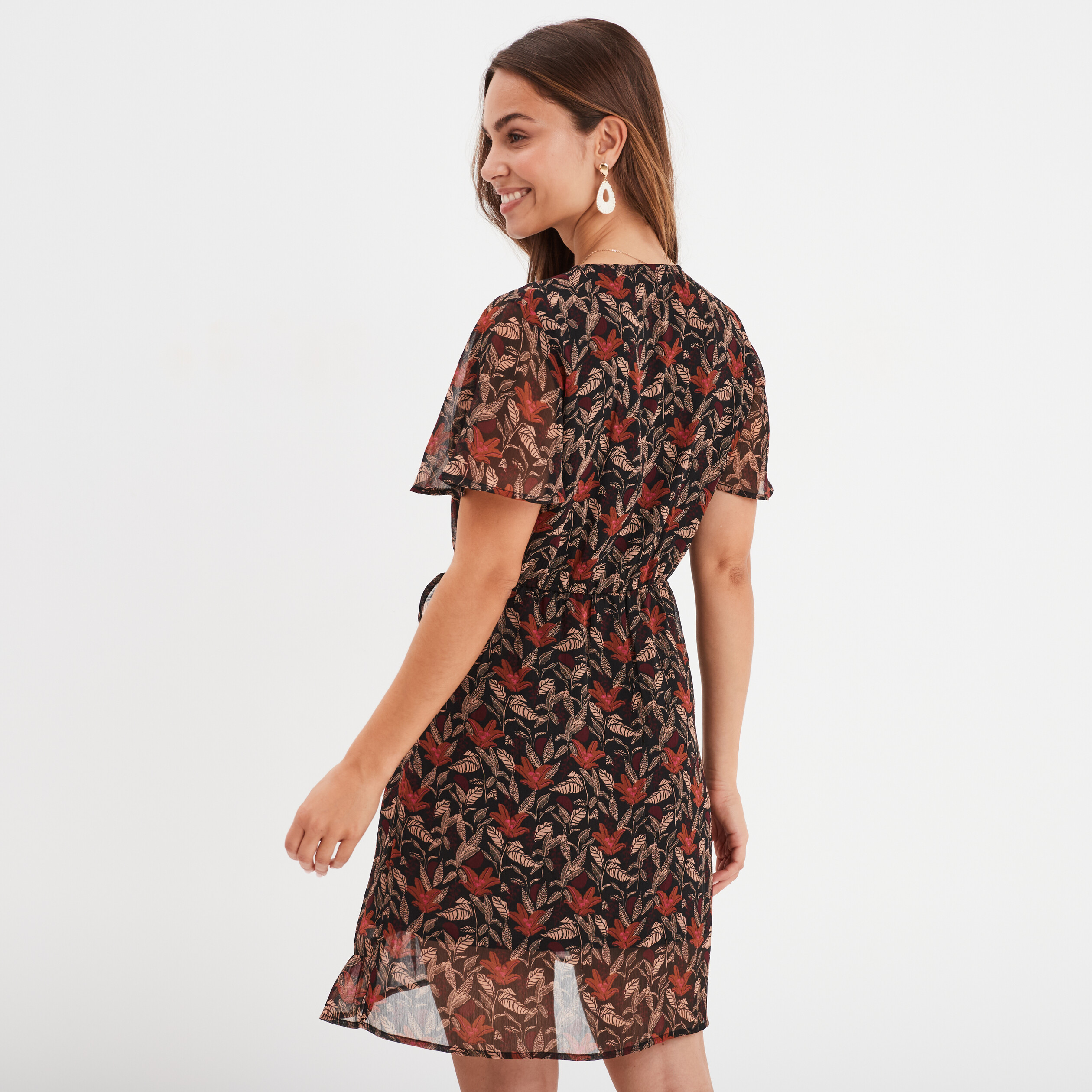 robe col cache coeur manches papillons camel femme Robe col cache-coeur manches papillons camel femme