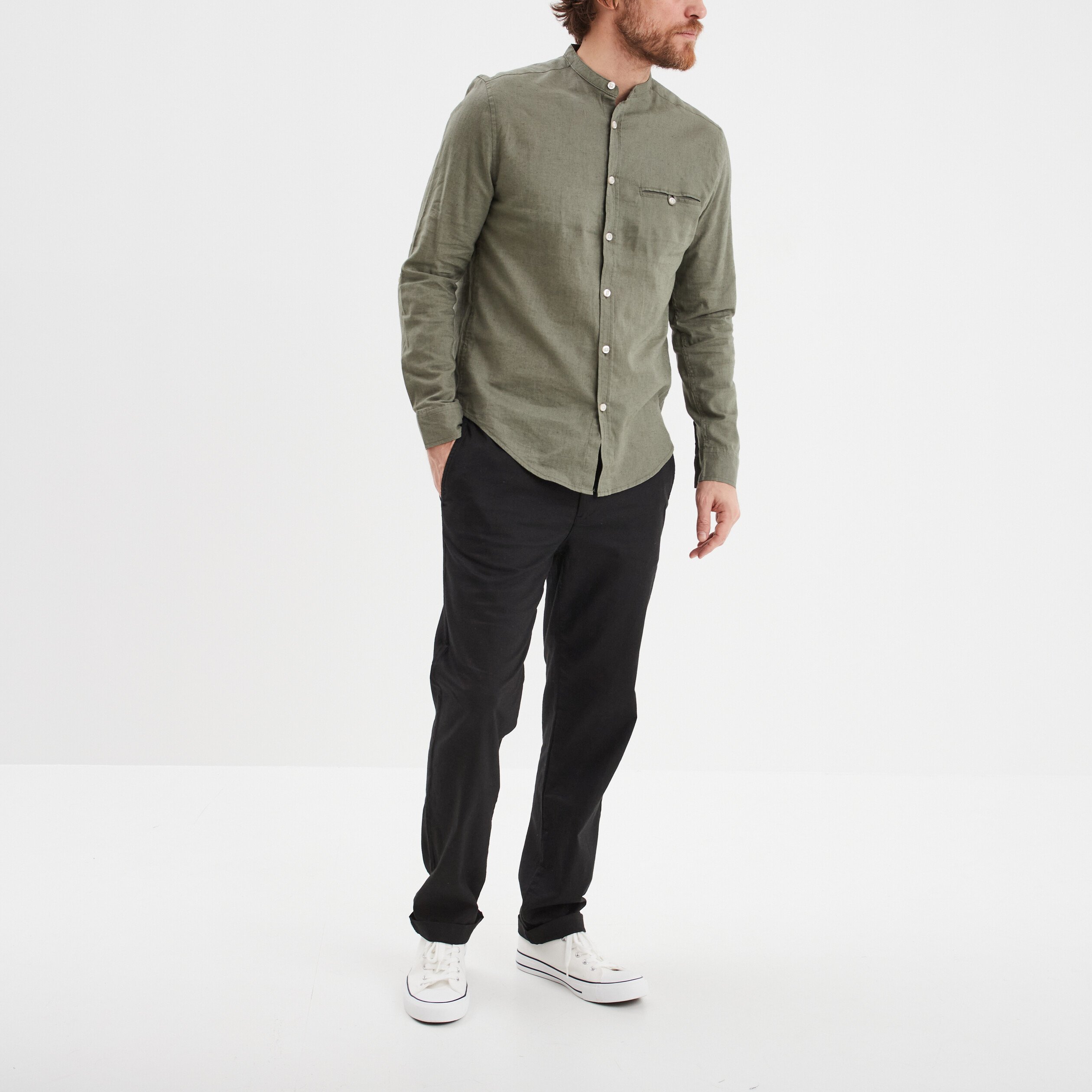 chemise col mao lin melange vert kaki homme Chemise col mao lin mélangé vert kaki homme