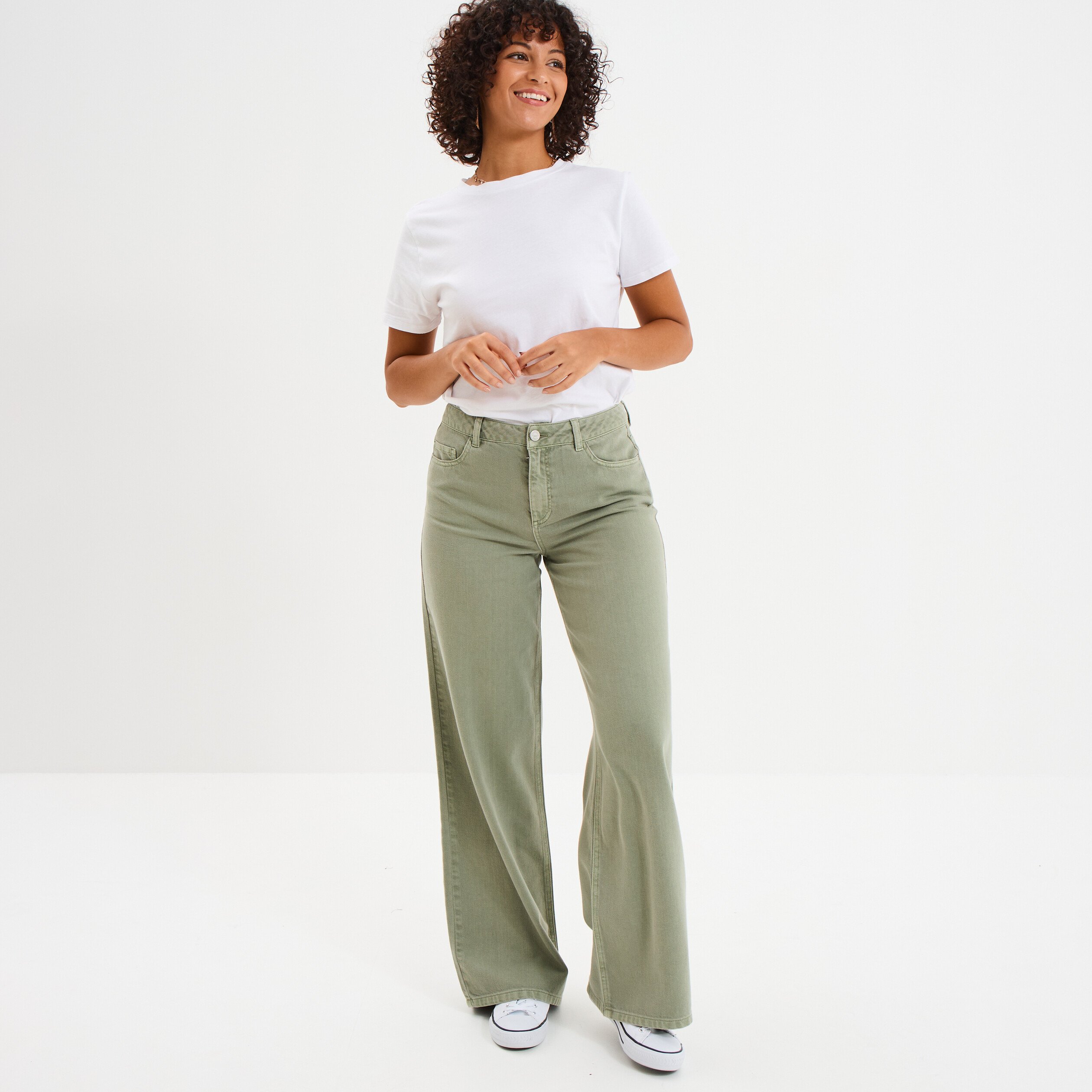 jeans large taille haute coton vert kaki femme Jeans large taille haute coton vert kaki femme