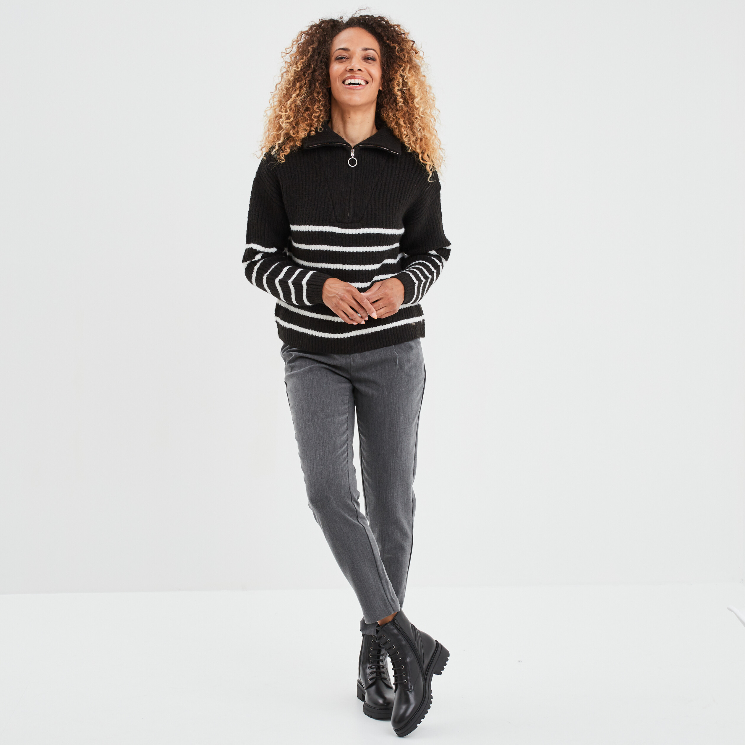 Pull col camionneur zippé ecru femme