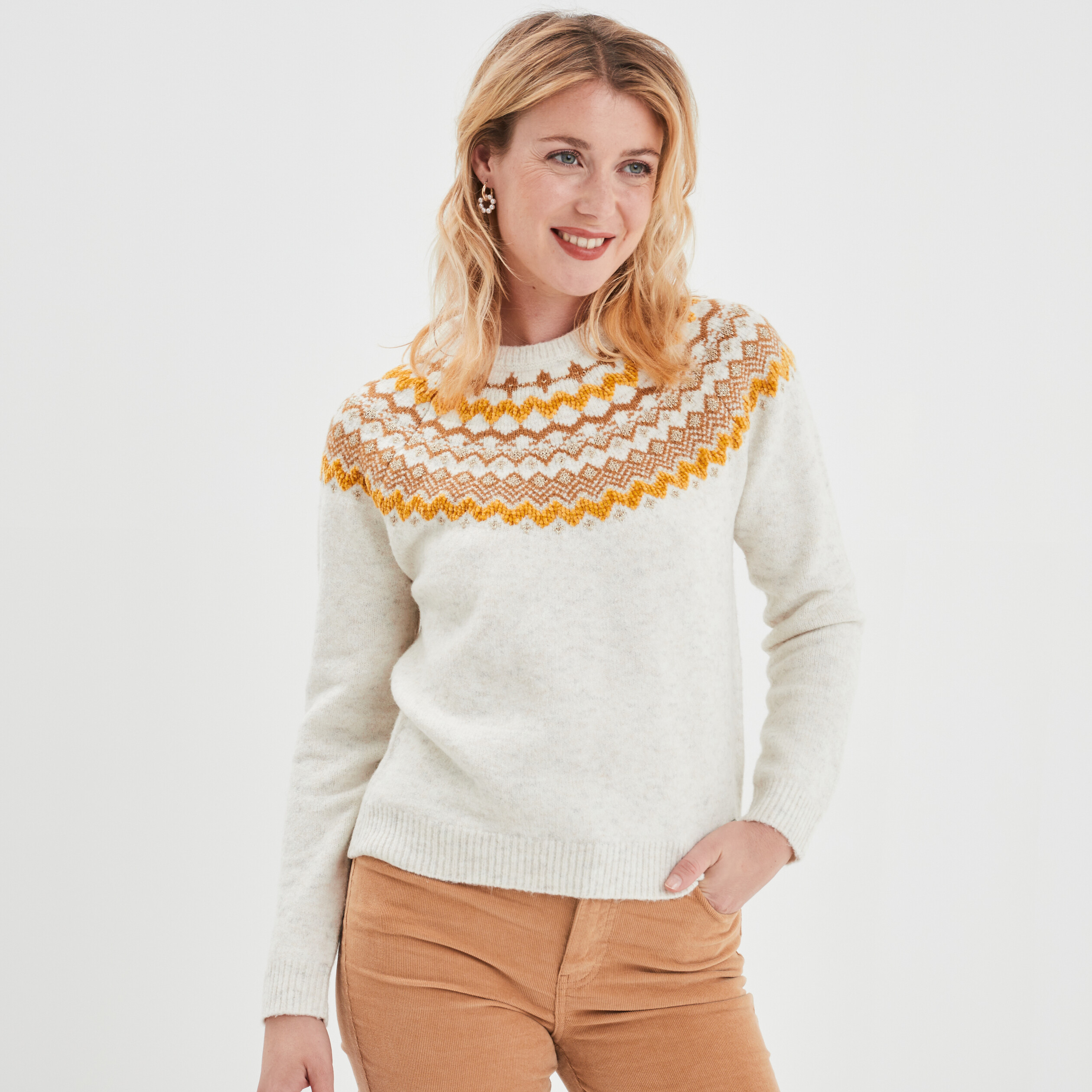 Pull jacquard col rond Creeks blanc femme