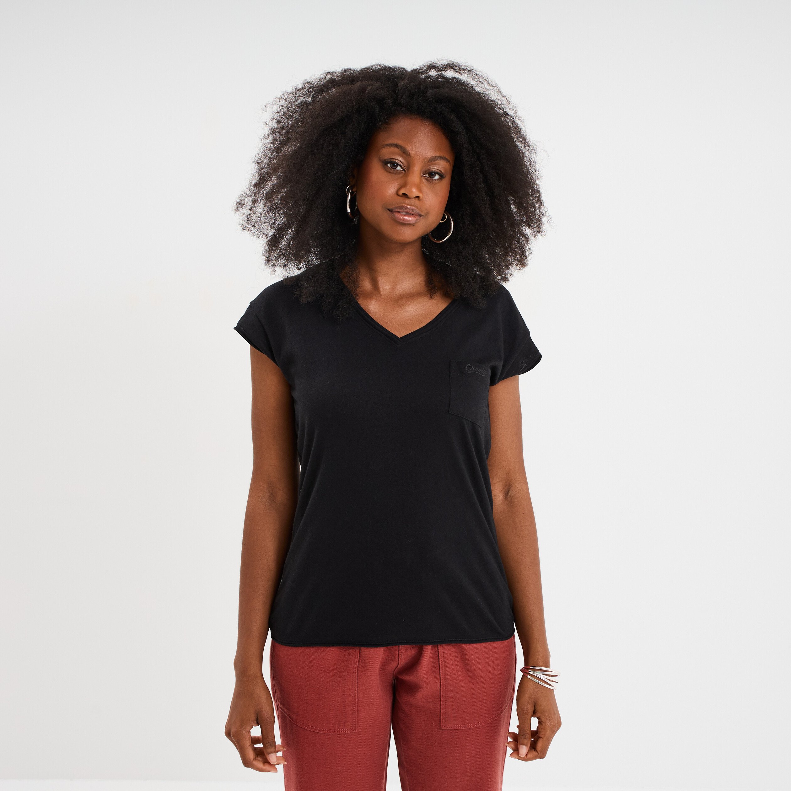 t shirt col v poche poitrine creeks noir femme T-shirt col v poche poitrine Creeks noir femme