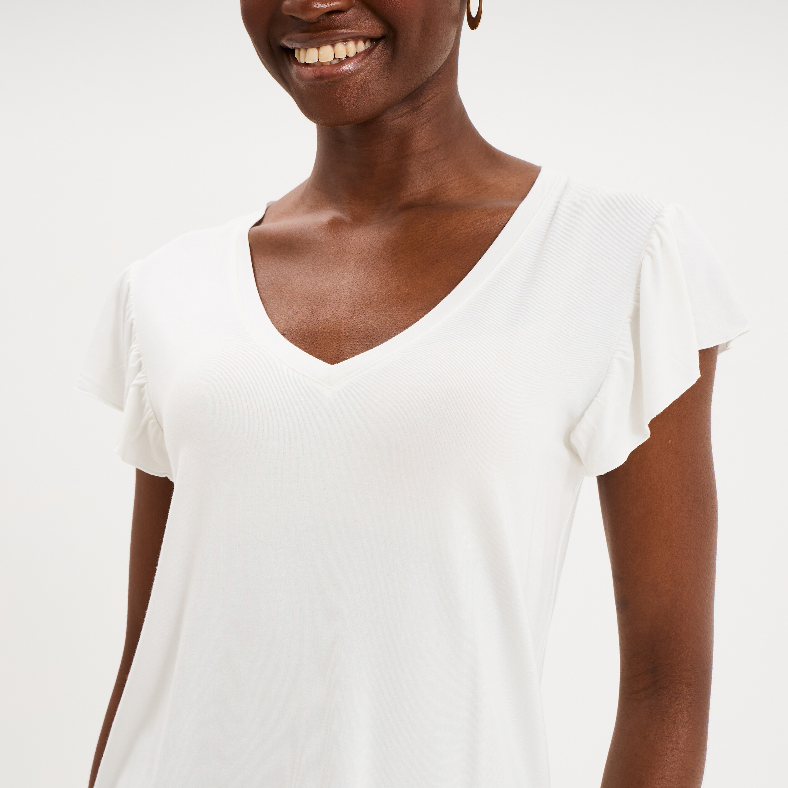 T-shirt droit manches courtes &agrave; volants blanc femme