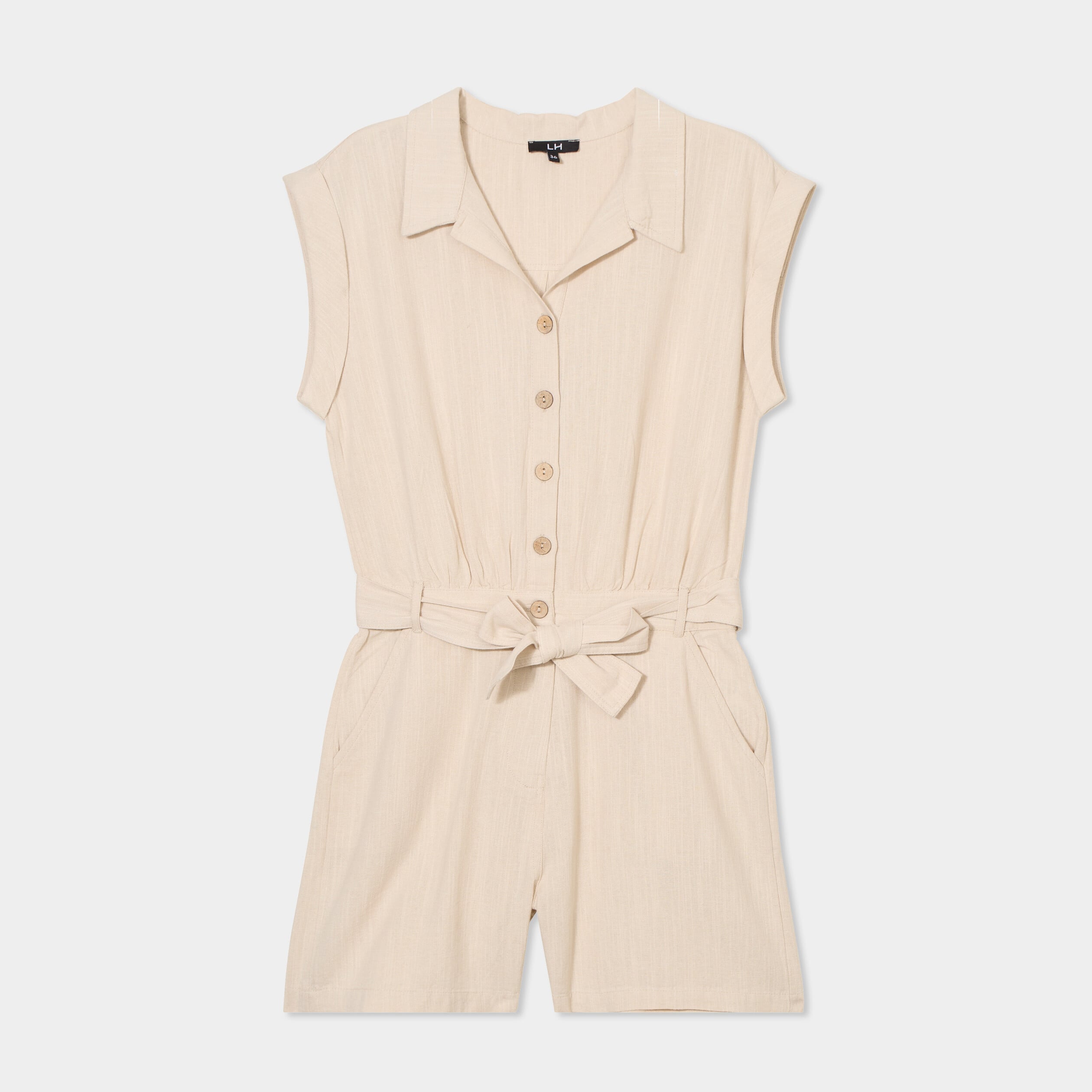 Combishort col chemise ceintur&eacute;e beige femme