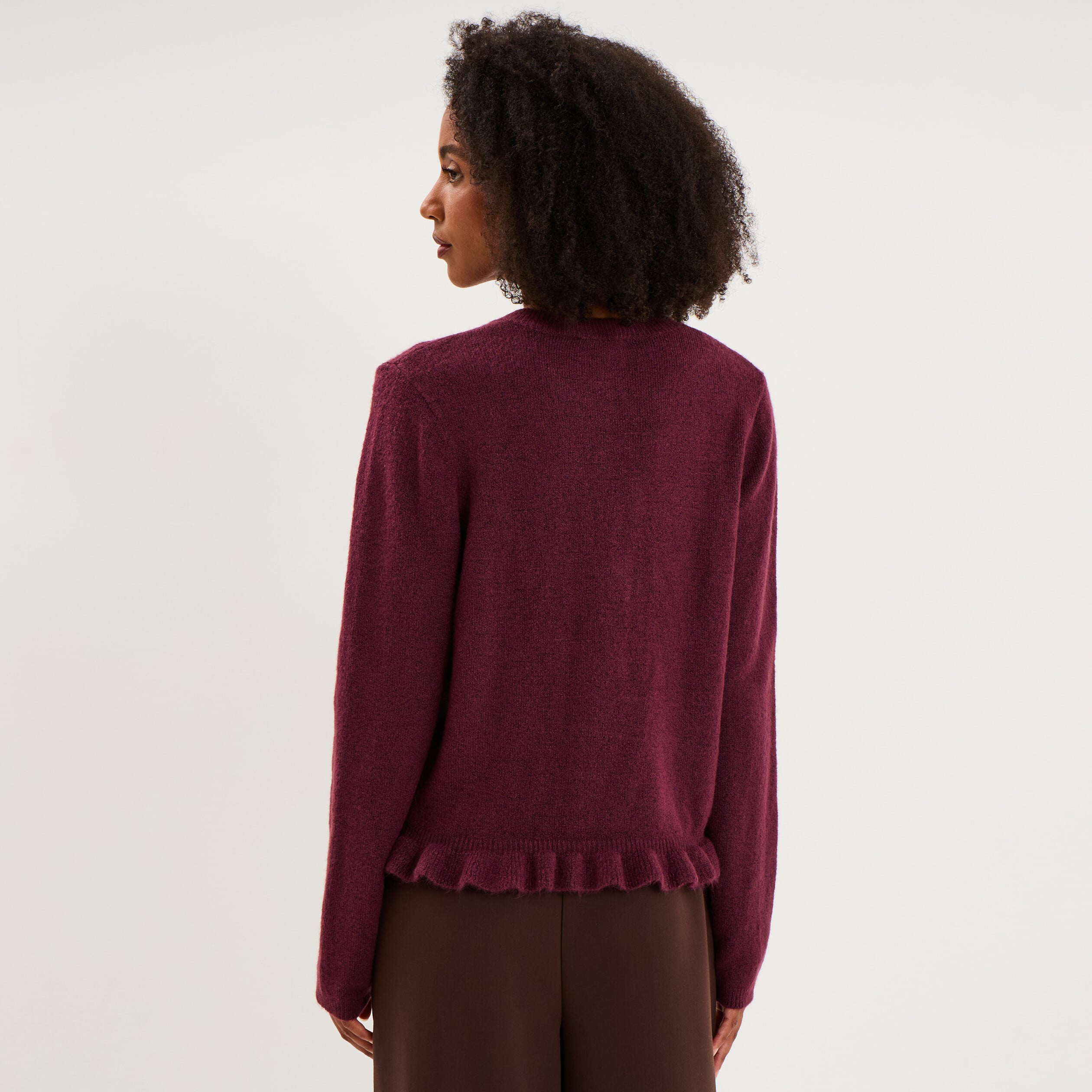 Gilet col rond &agrave; volants boutonn&eacute; prune femme
