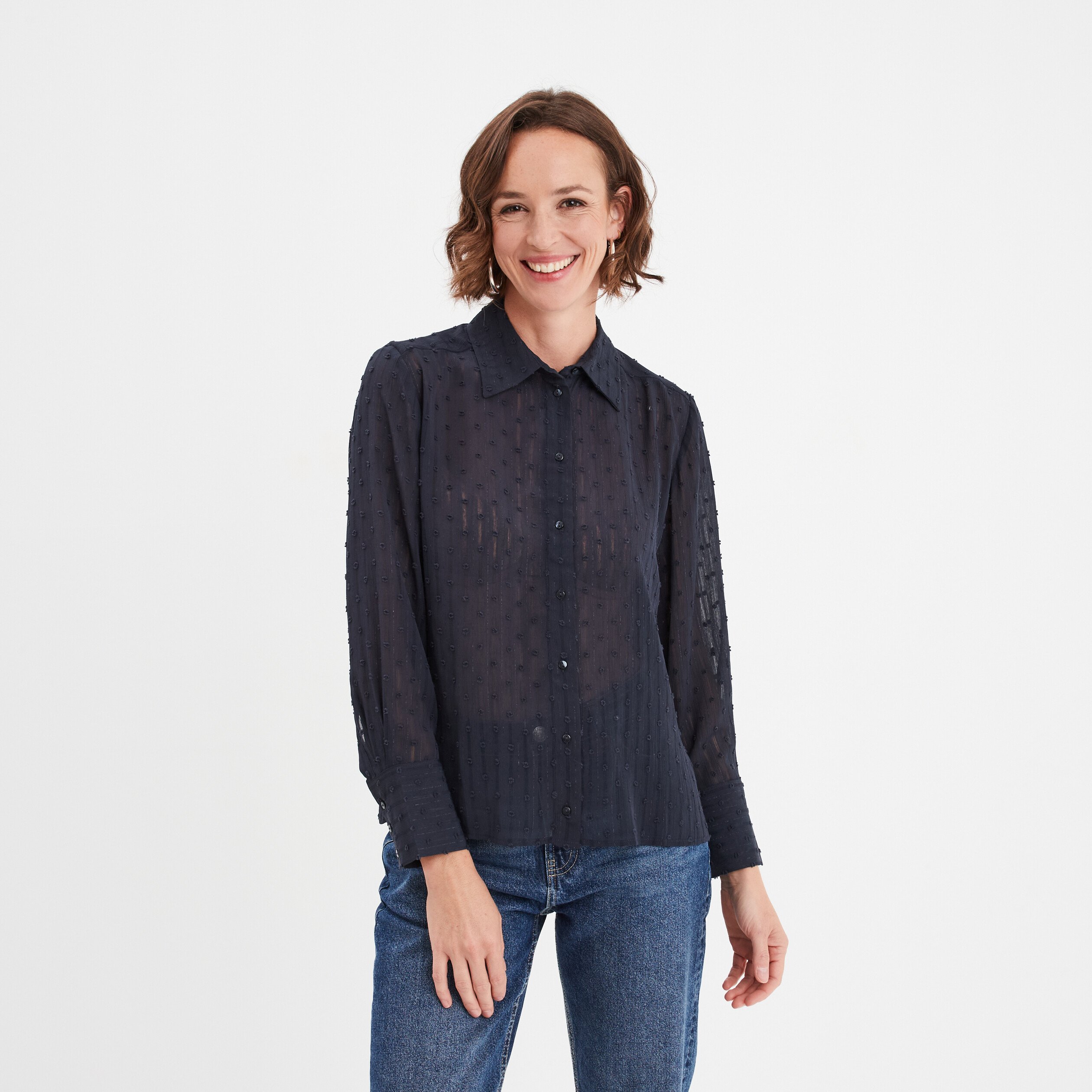 Chemise plumetis manches longues bleu fonce femme