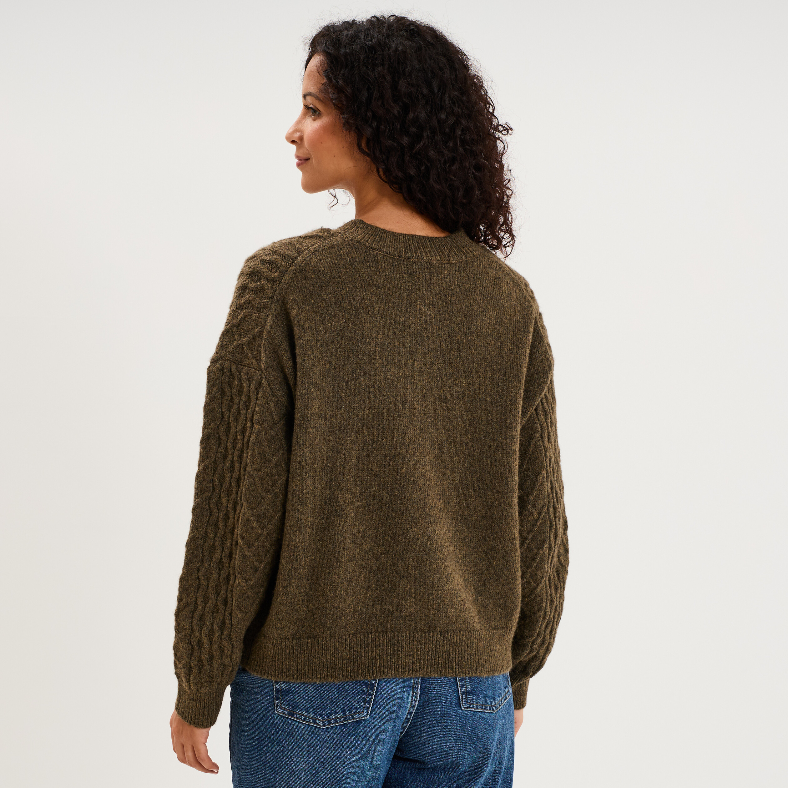 Gilet col rond d&eacute;tails torsades vert kaki femme