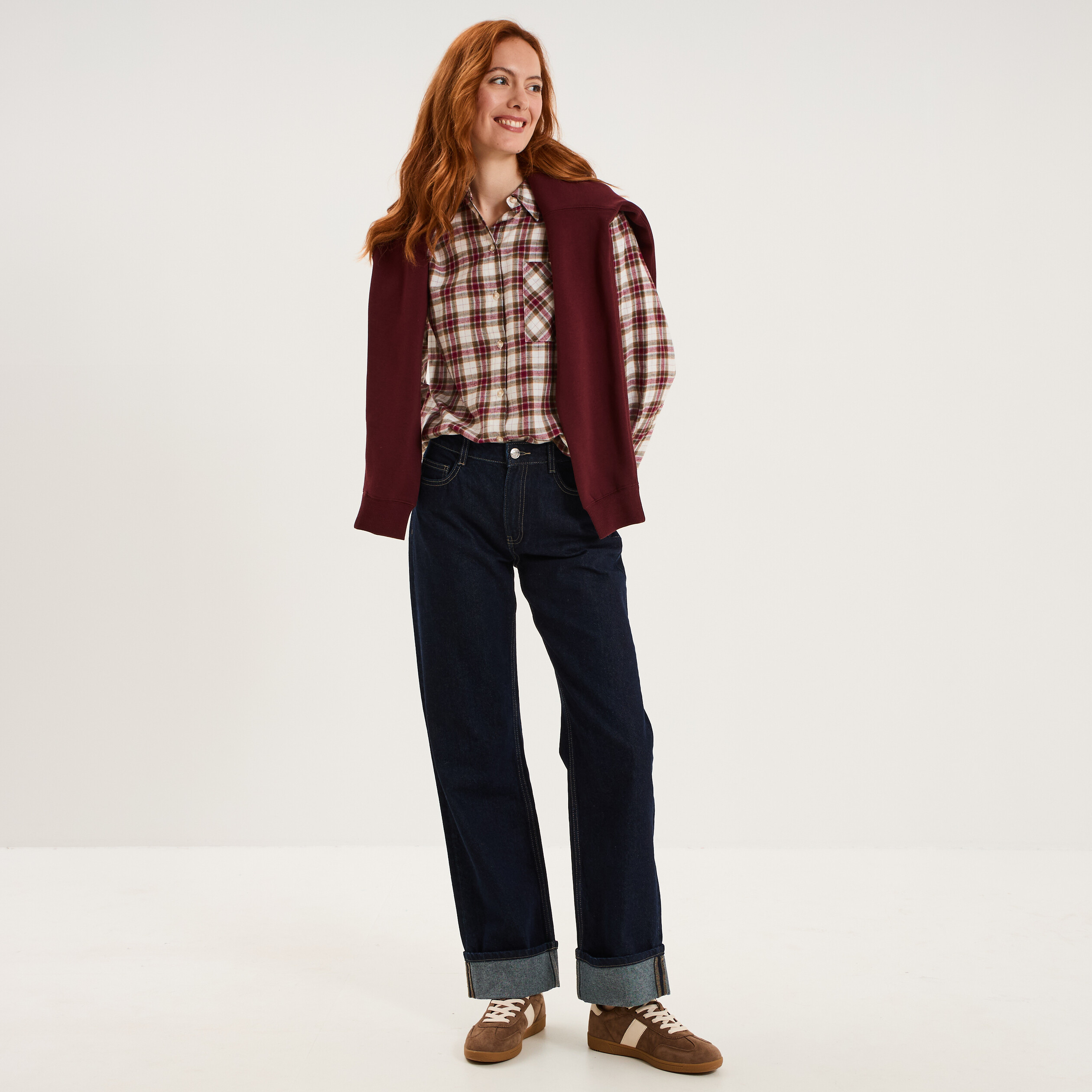 Chemise manches longues coton bordeaux femme