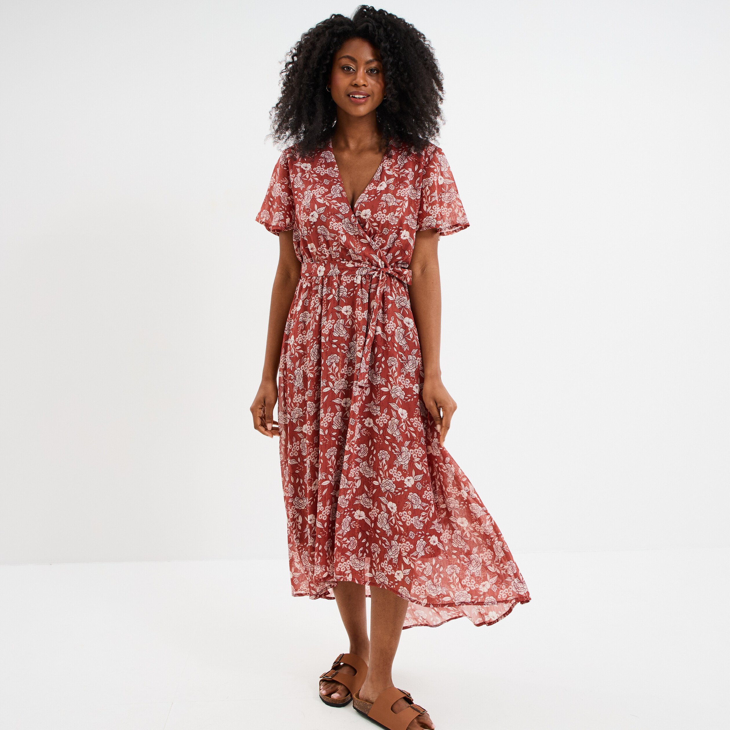 robe longue evasee col cache coeur terracotta femme Robe longue évasée col cache-coeur terracotta femme