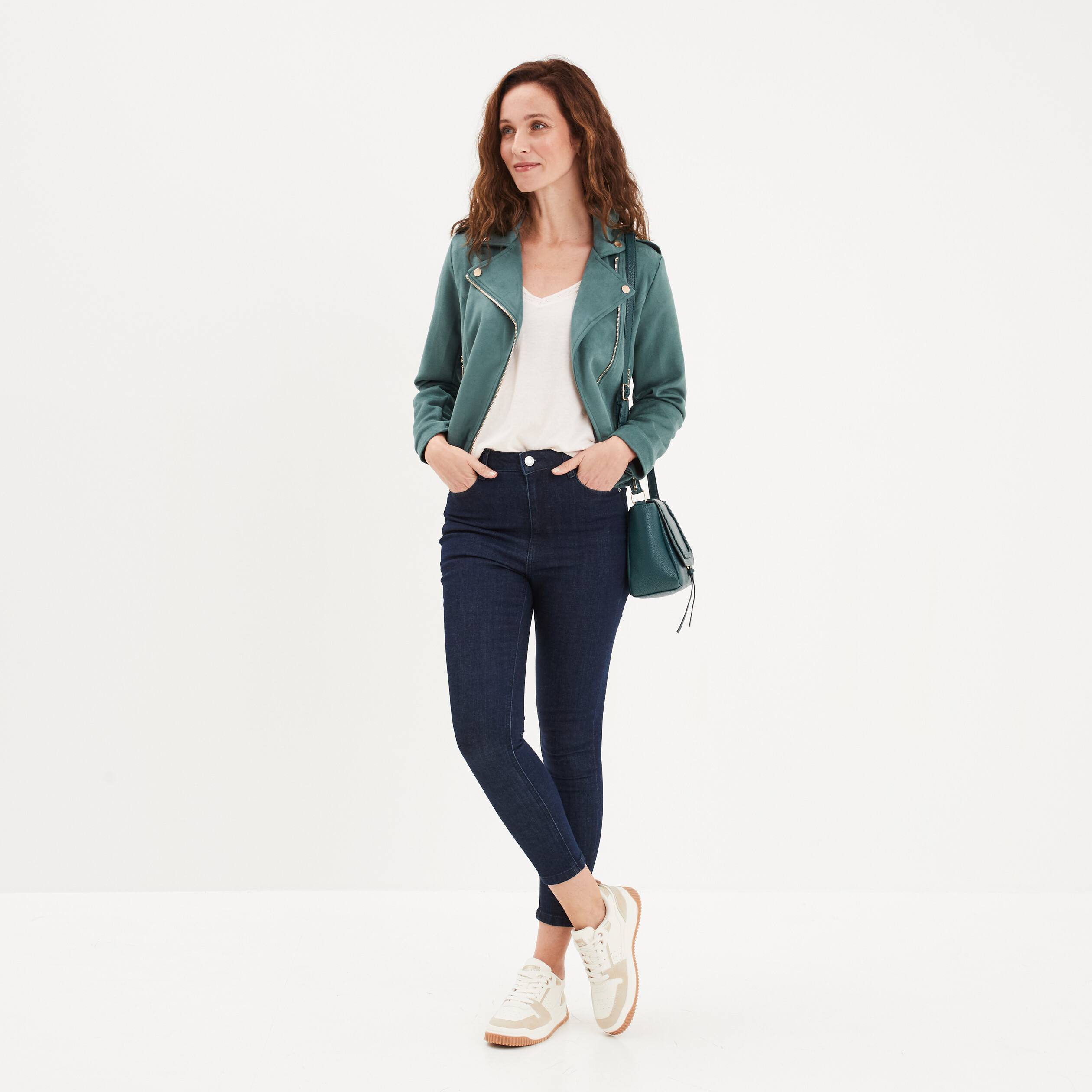 veste courte esprit biker effet suedine vert fonce femme Veste courte esprit biker effet suédine vert foncé femme