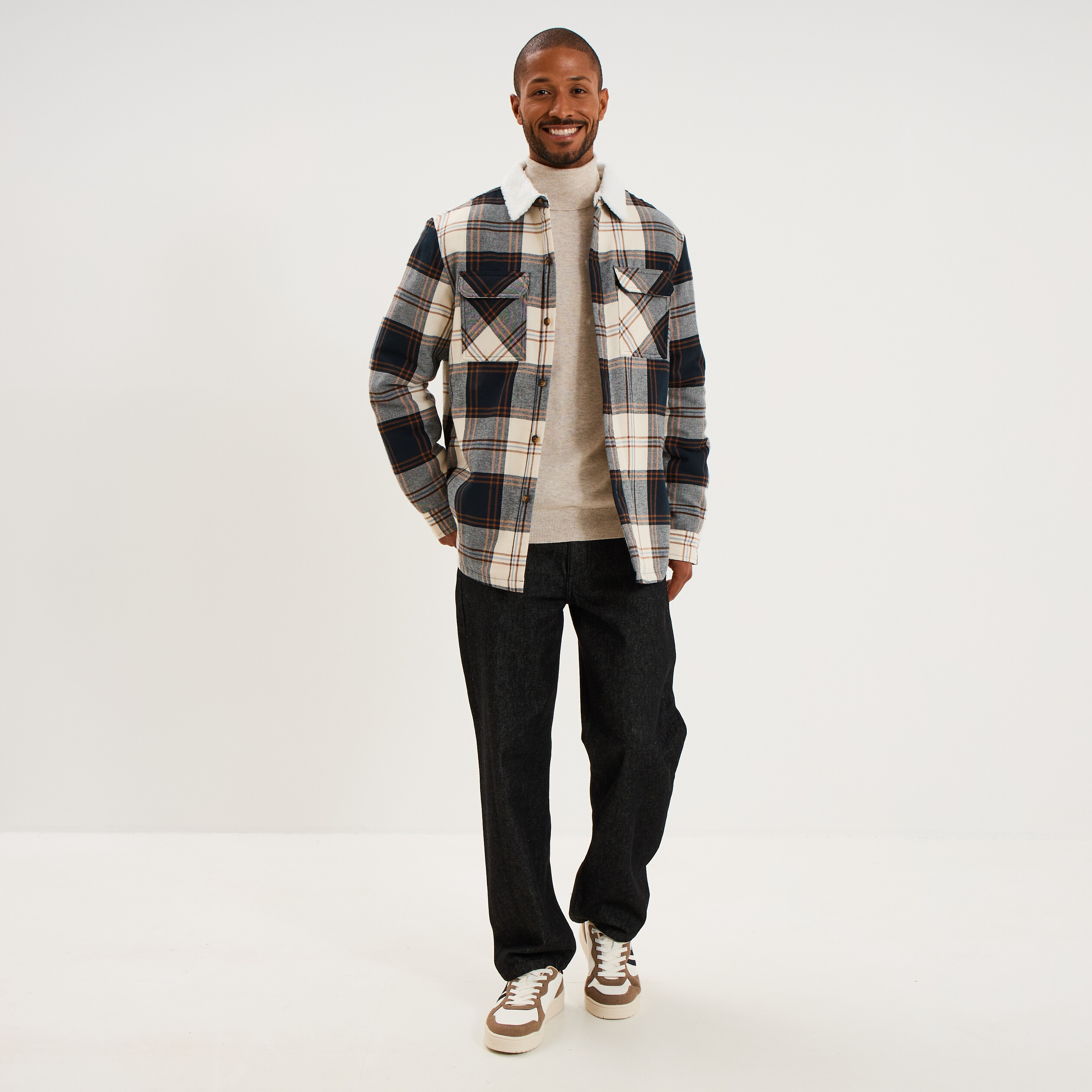 Surchemise carreaux doubl&eacute;e effet sherpa ecru homme