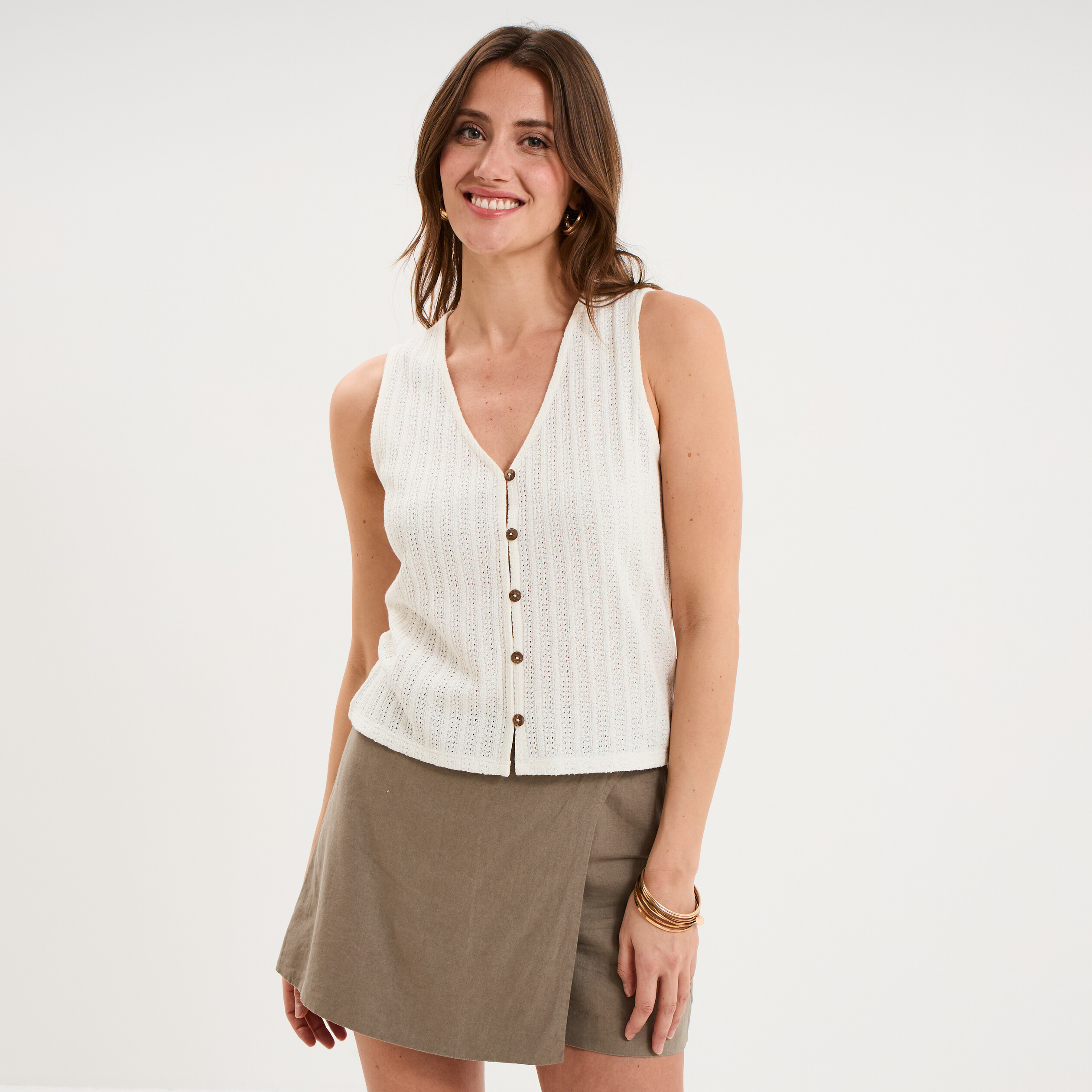 D&eacute;bardeur effet ajour&eacute; col en V ecru femme