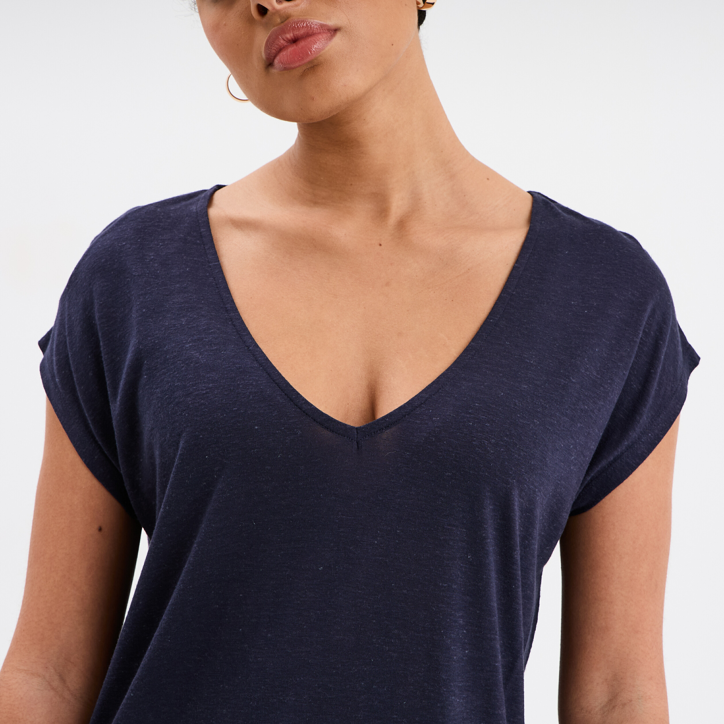 t shirt manches courtes lin melange bleu fonce femme T-shirt manches courtes lin mélangé bleu foncé femme