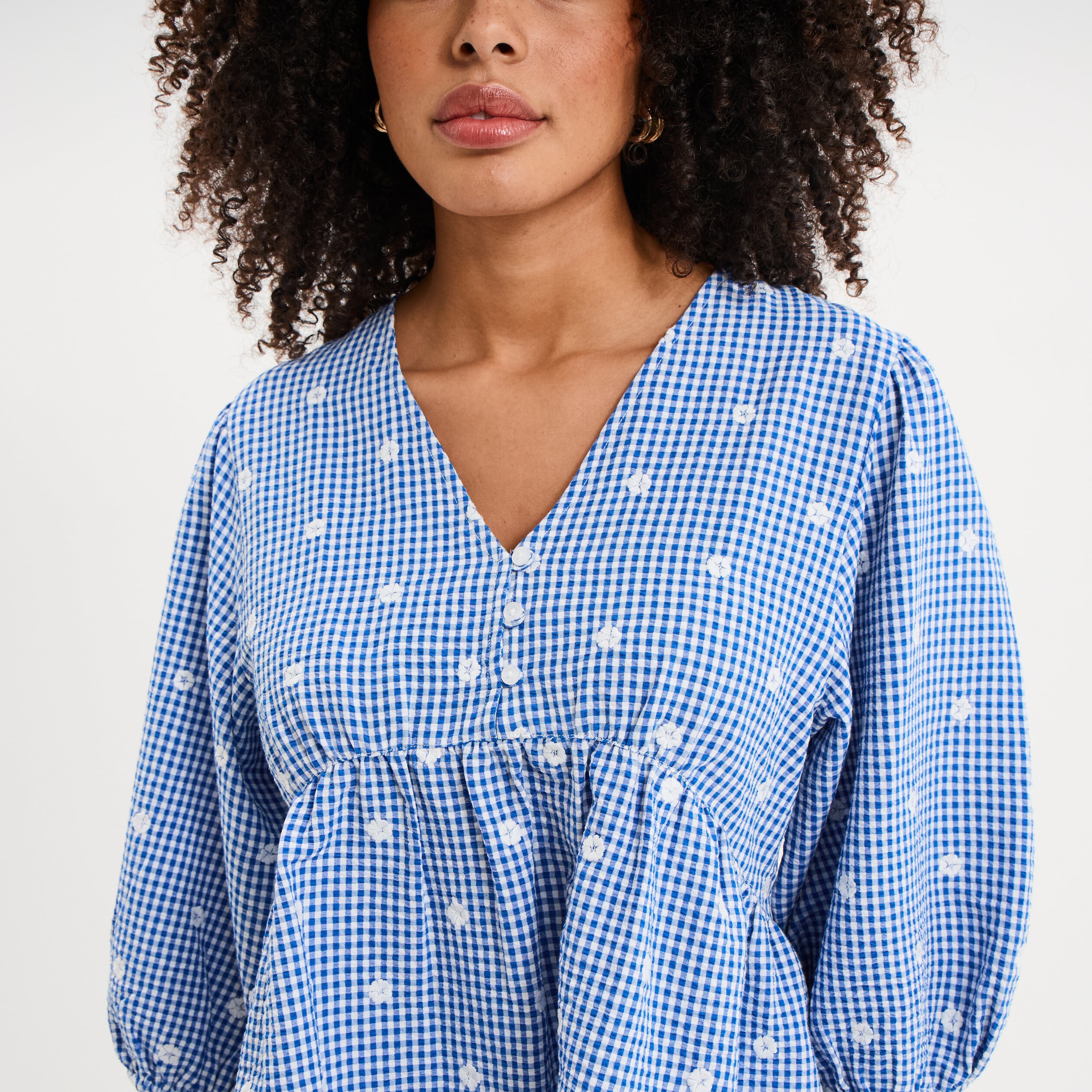Blouse brod&eacute;e &agrave; basque manches 3/4 bleu marine femme