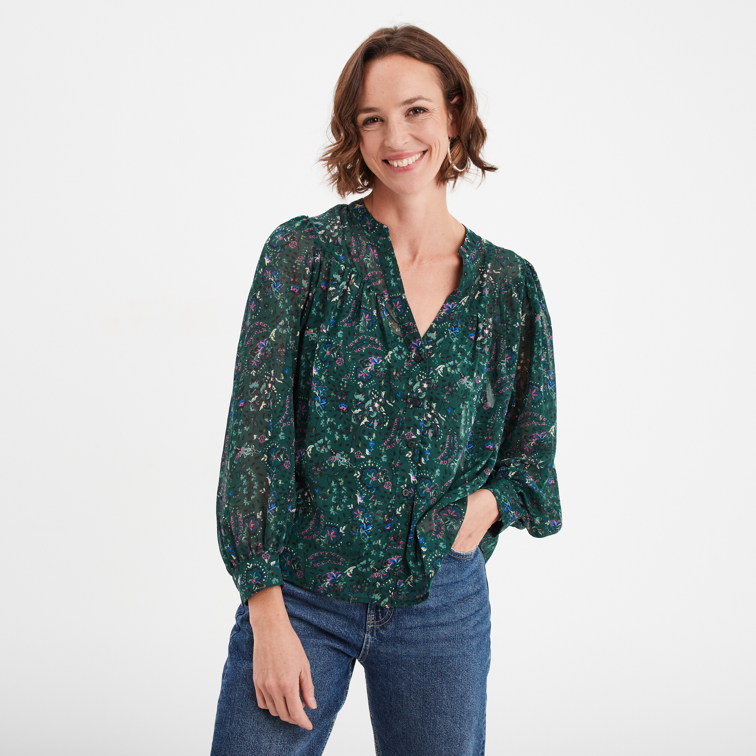 Blouse manches ballons vert canard femme