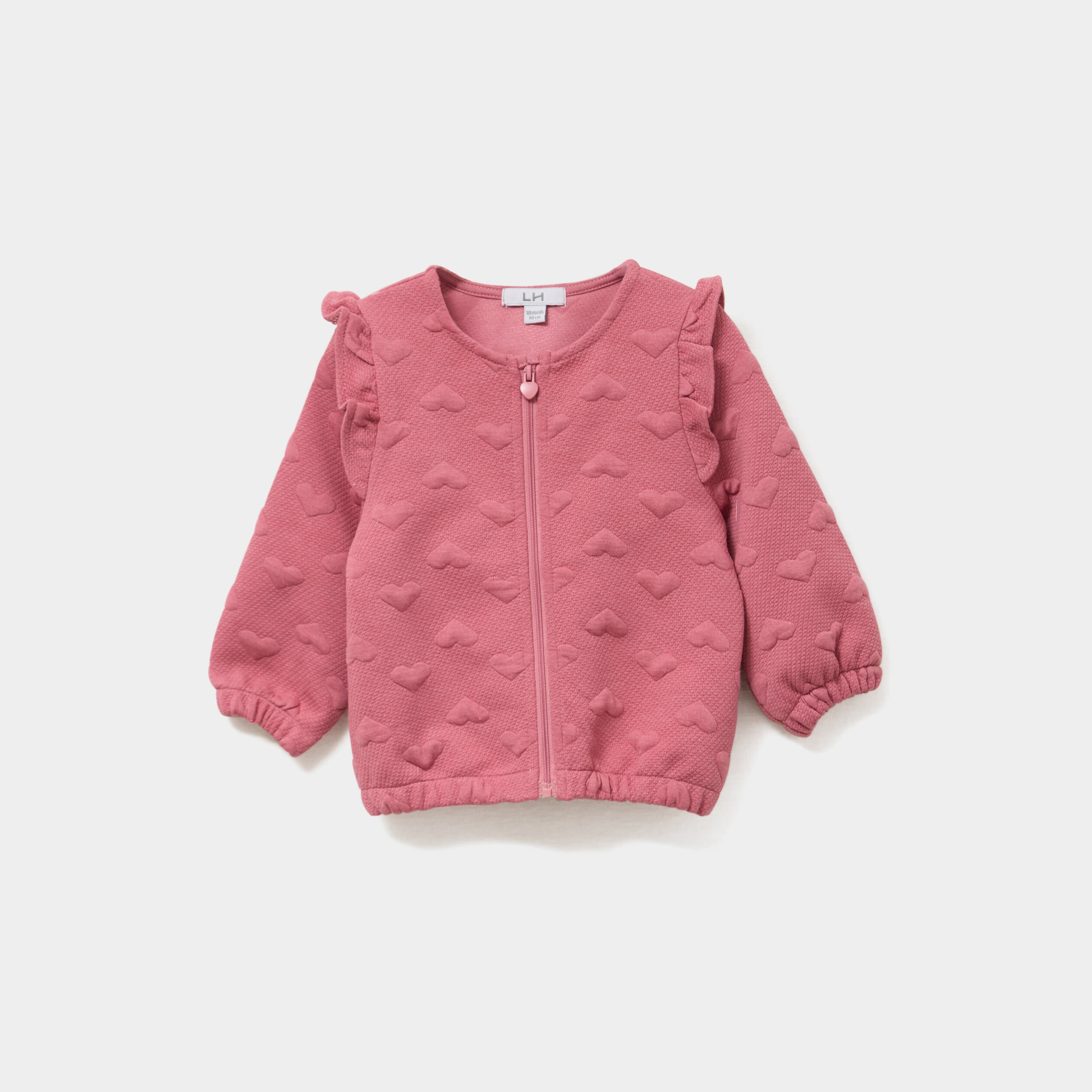 Gilet zipp&eacute; matelass&eacute; coeur &agrave; volants vieux rose b&eacute;b&eacute; fille
