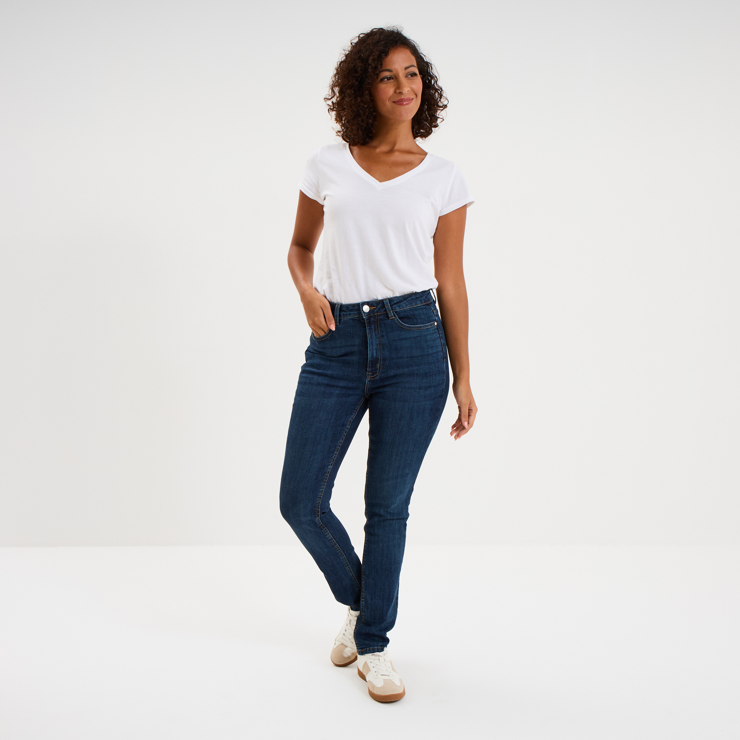 Jeans slim taille haute denim brut femme