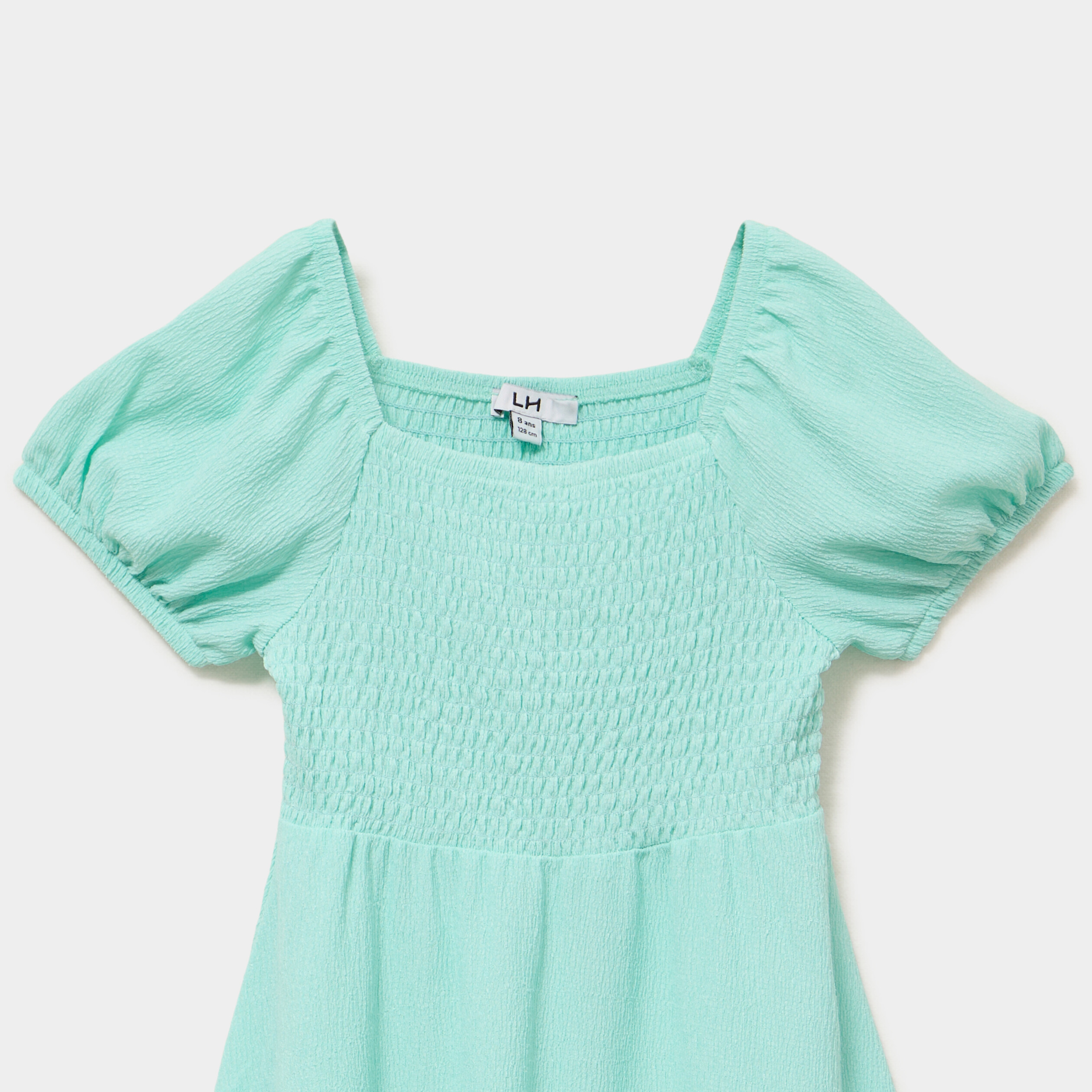 Robe smock&eacute;e manches courtes &eacute;vas&eacute;e vert clair fille