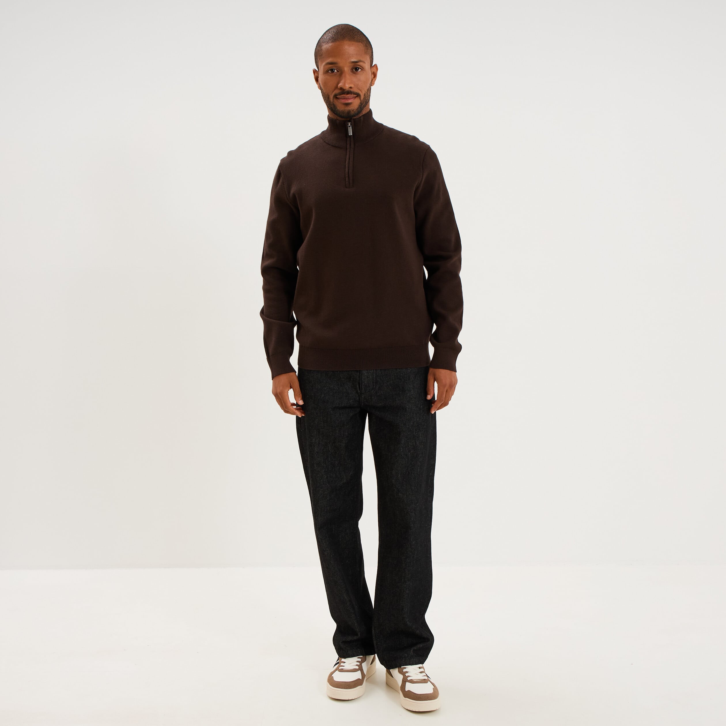 Pull camionneur manches longues marron fonc&eacute; homme