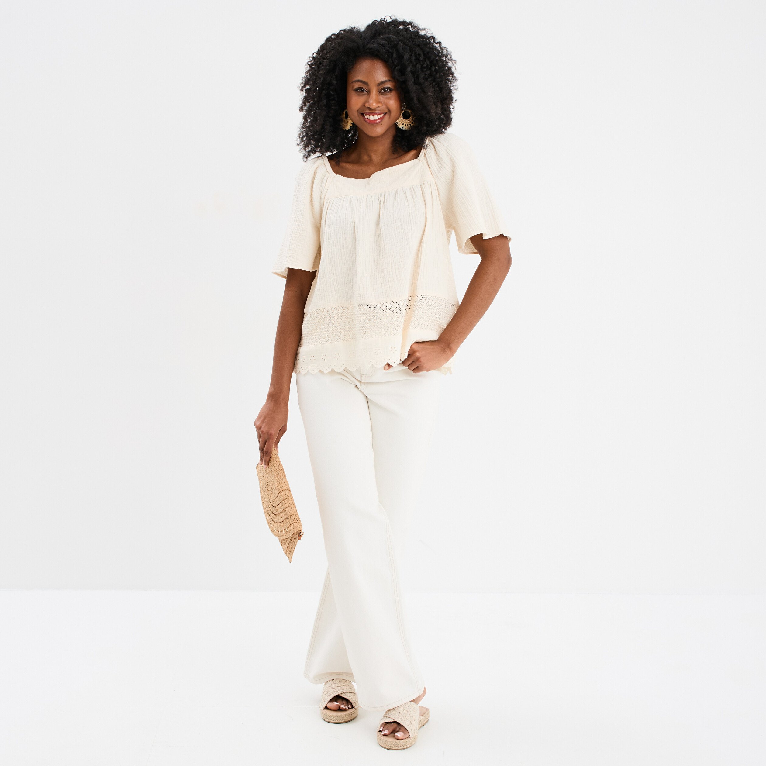 blouse manches papillons gaze de coton creme femme Blouse manches papillons gaze de coton creme femme