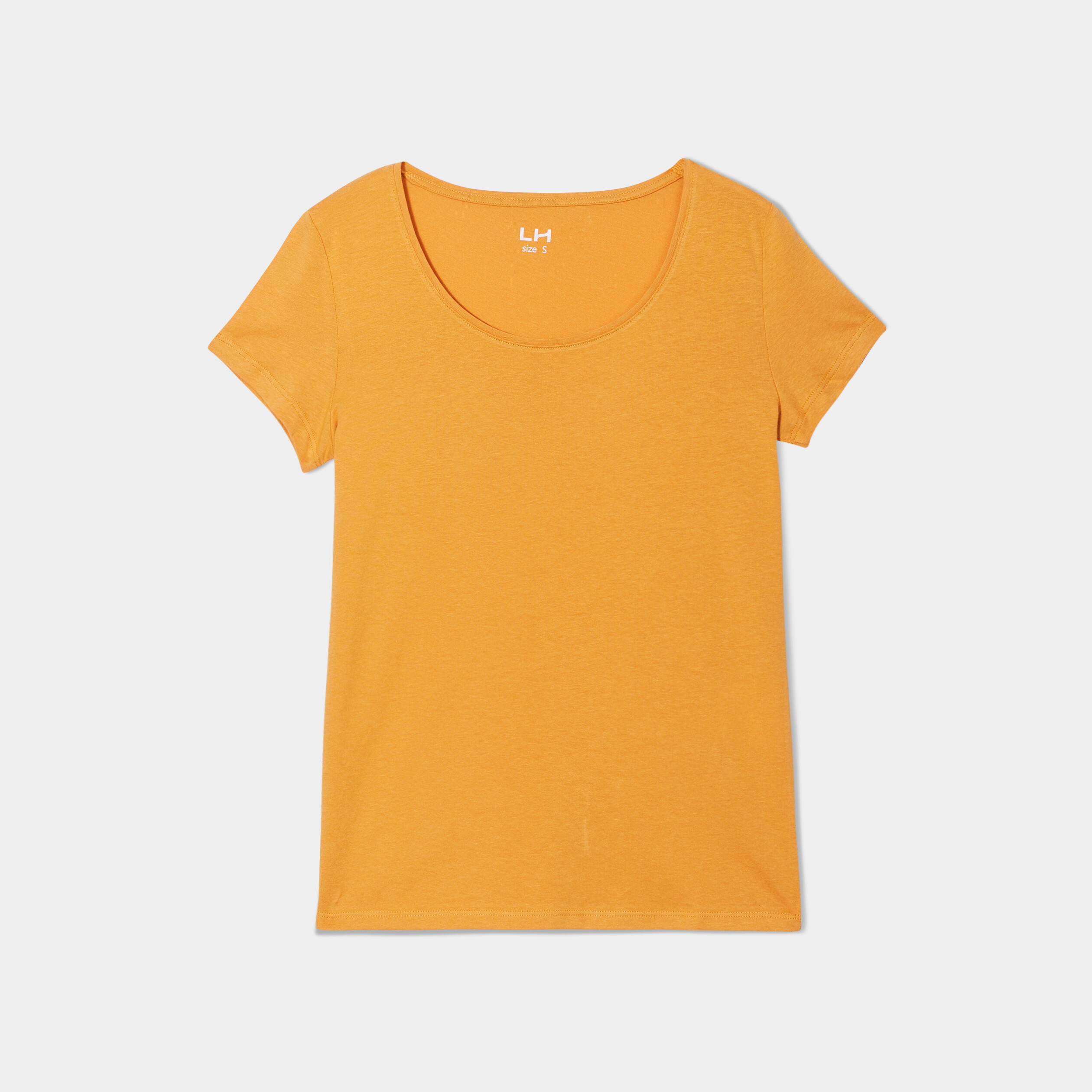 T-shirt coton col rond manches courtes jaune moutarde femme