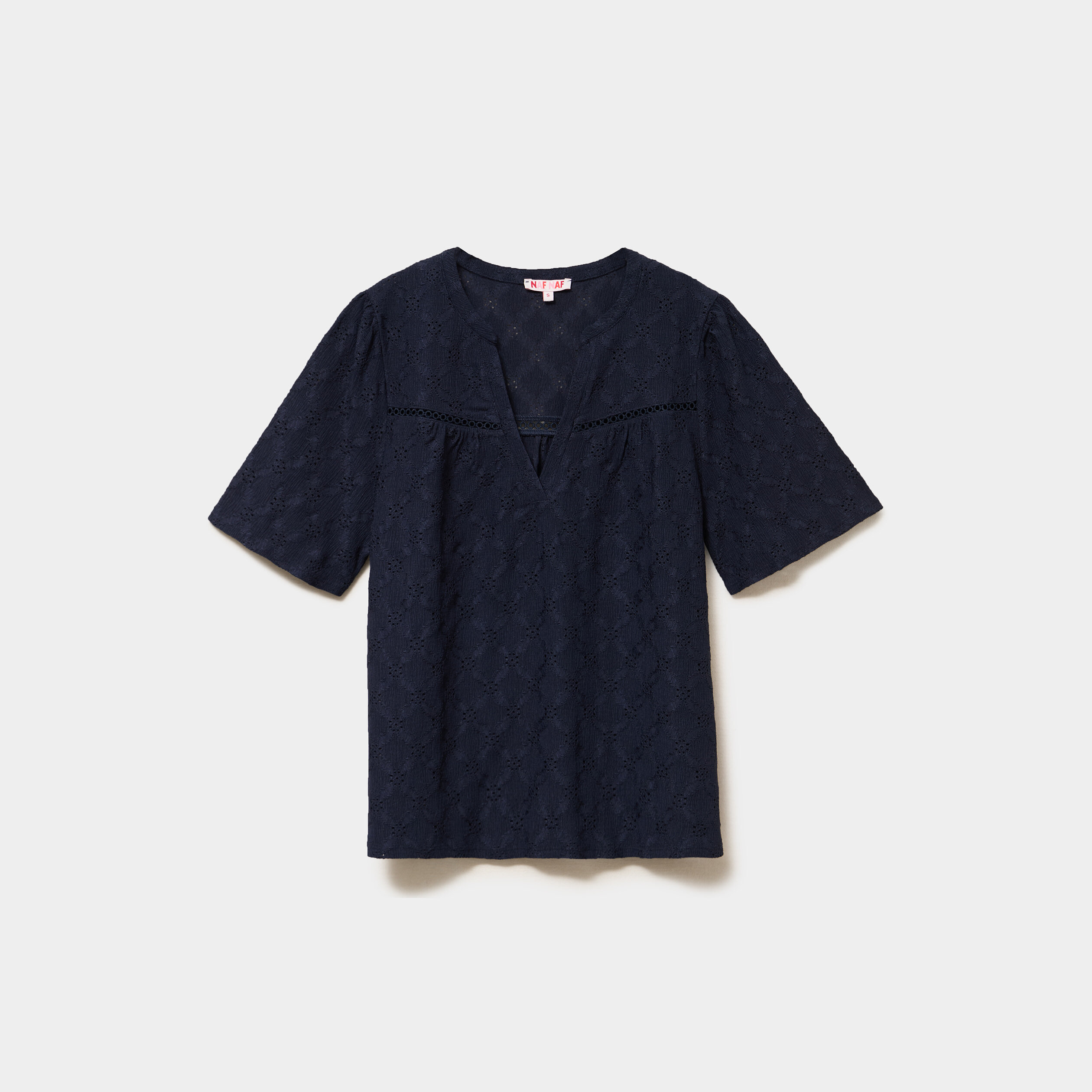Blouse brod&eacute;e col tunisien bleu fonc&eacute; femme