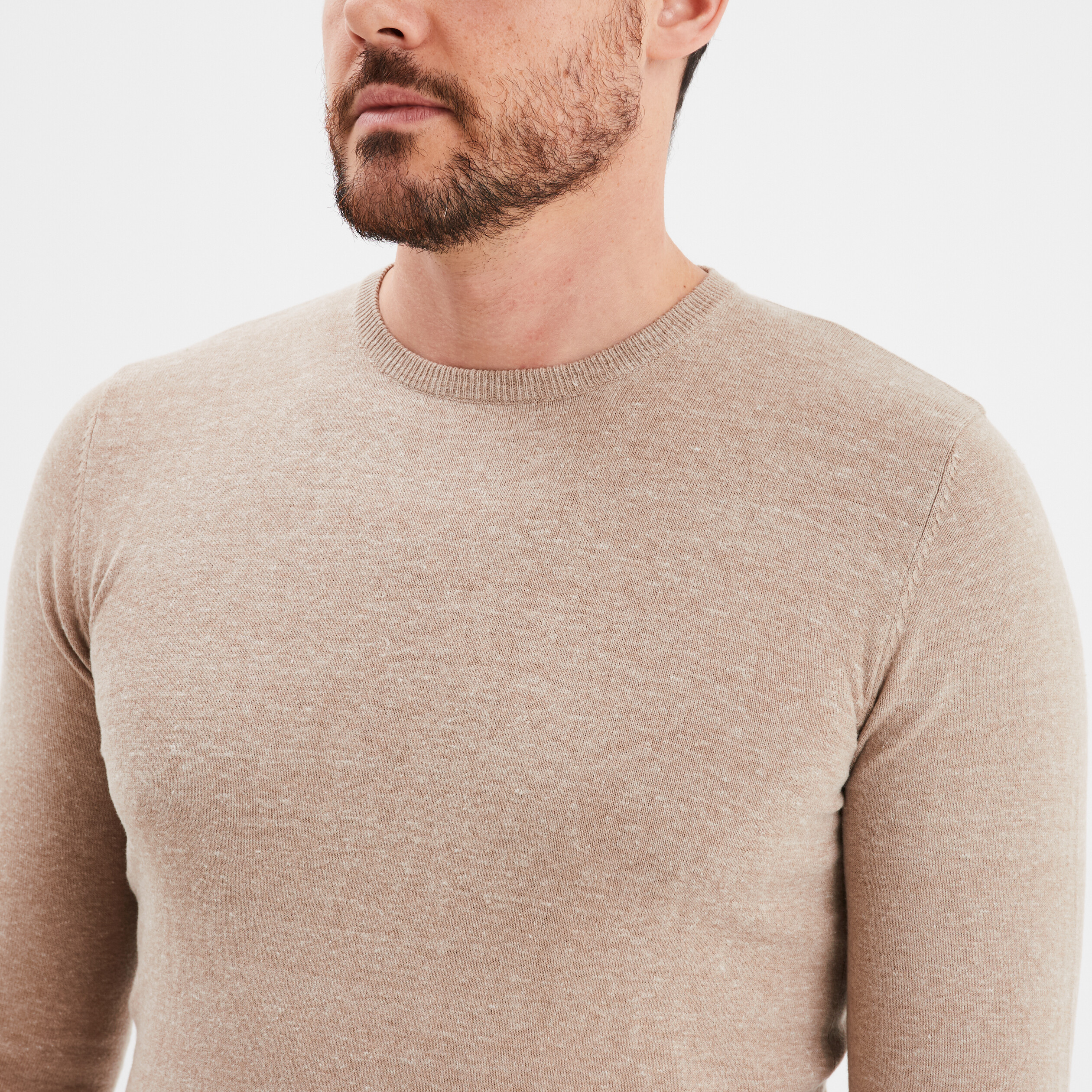 Pull droit col rond coton m&eacute;lang&eacute; beige homme