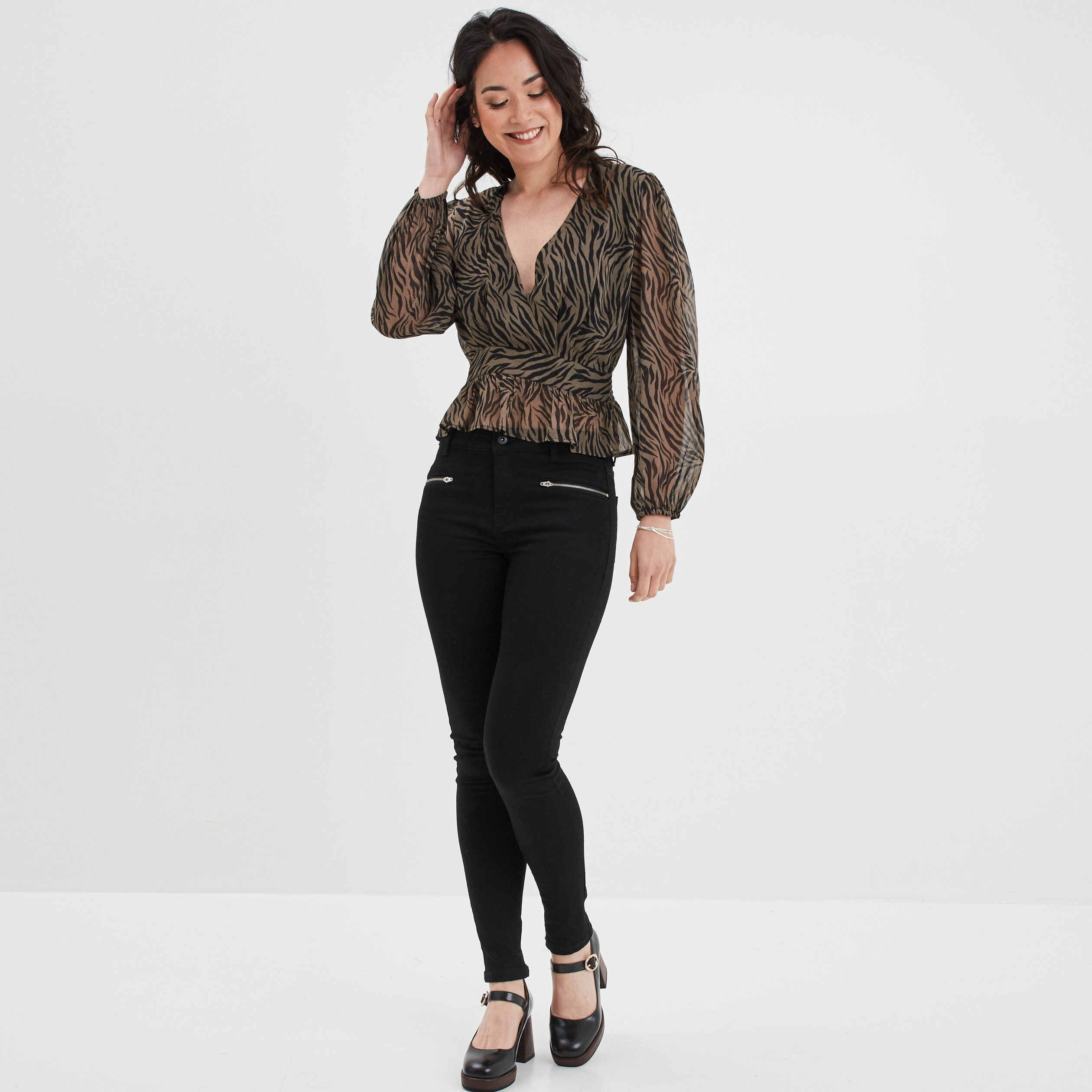 Blouse cintrée col effet croisé Liberto vert kaki femme