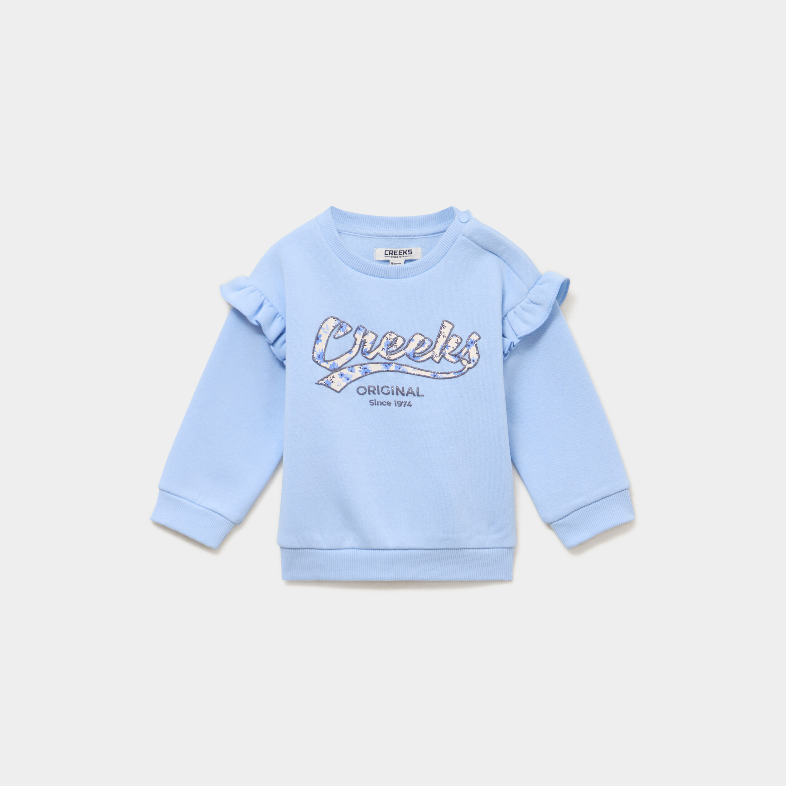 Sweat &eacute;paules &agrave; volants bleu gris b&eacute;b&eacute; fille