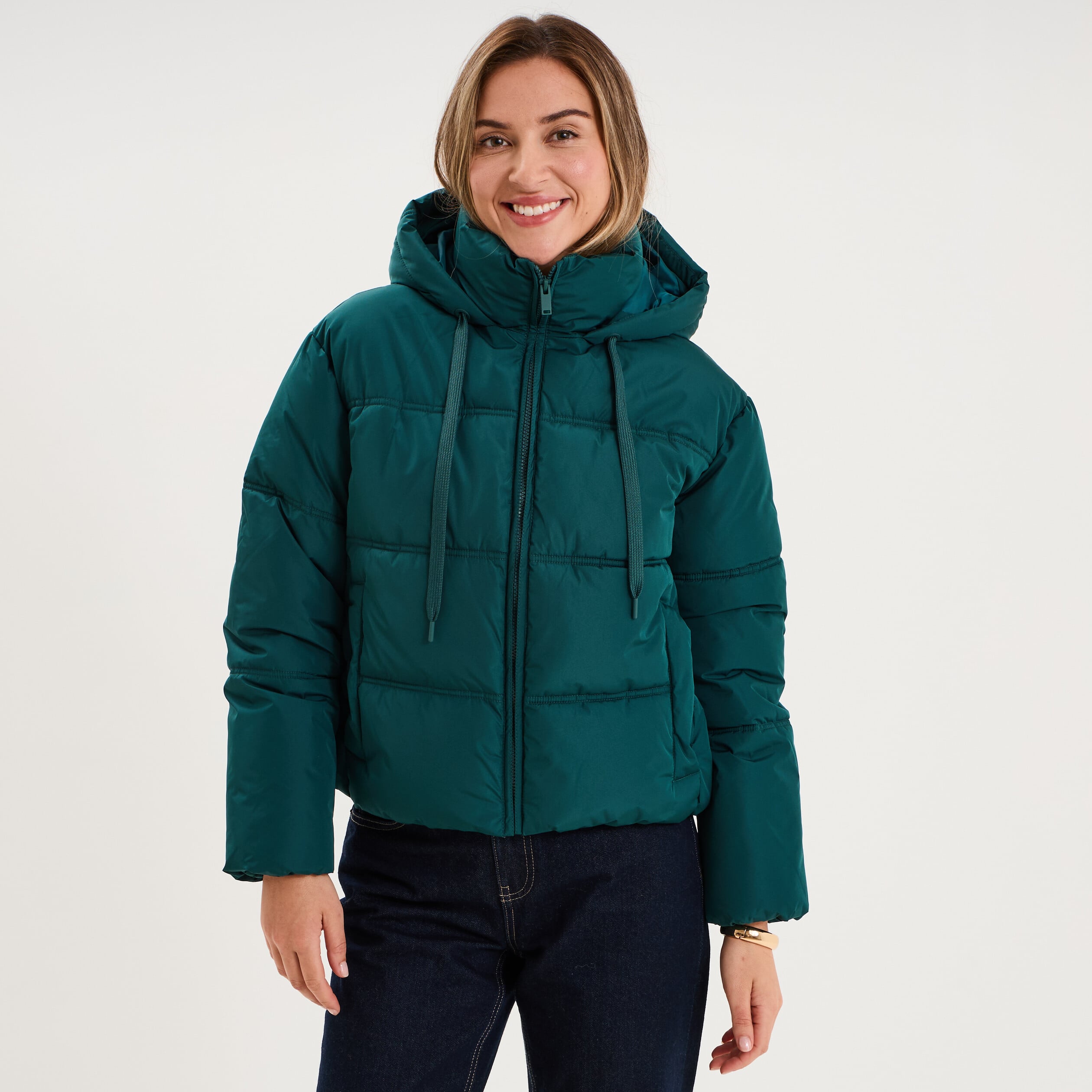 Doudoune courte droite doubl&eacute;e &agrave; capuche vert fonc&eacute; femme