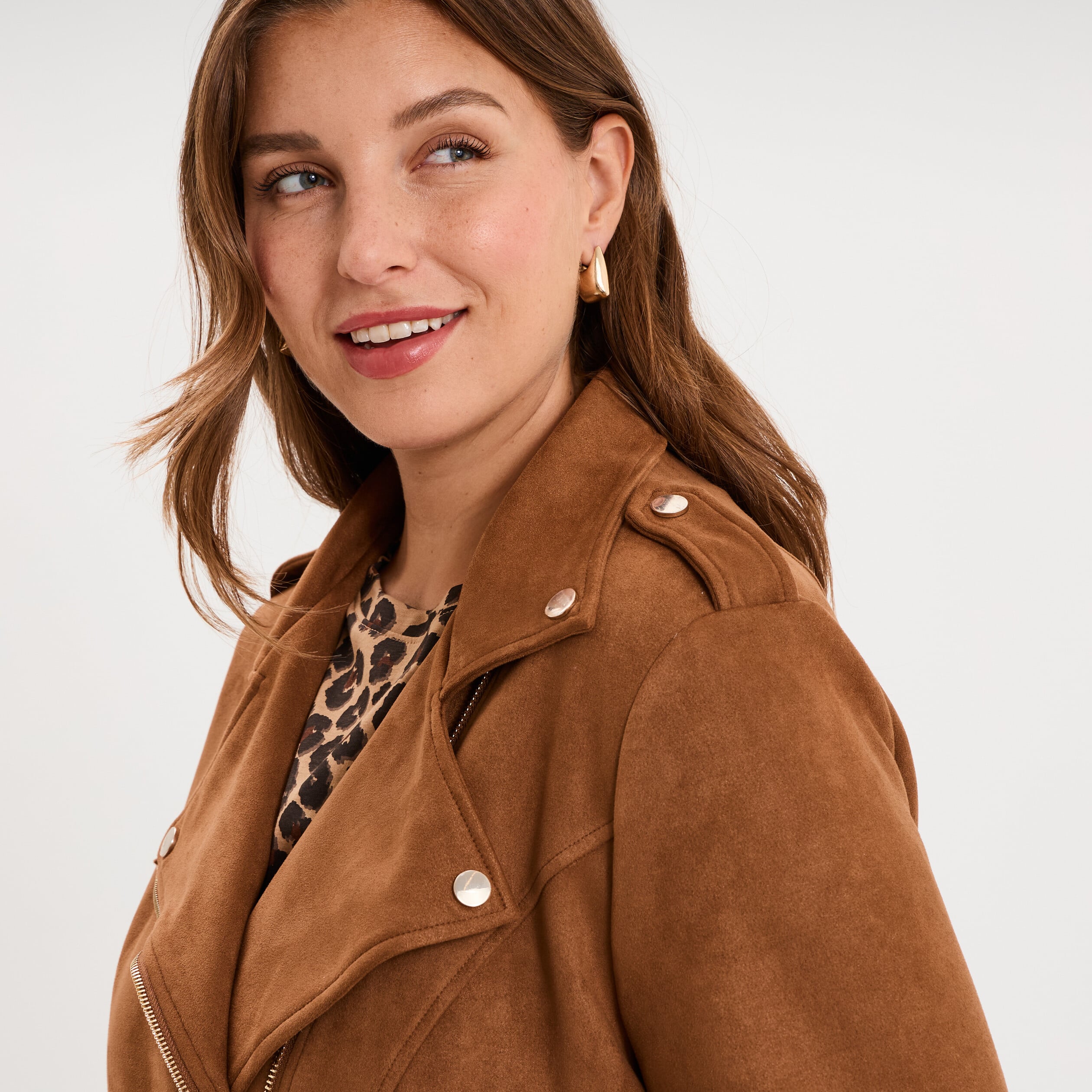 Blouson zipp&eacute; effet su&eacute;dine style biker camel femme grande taille