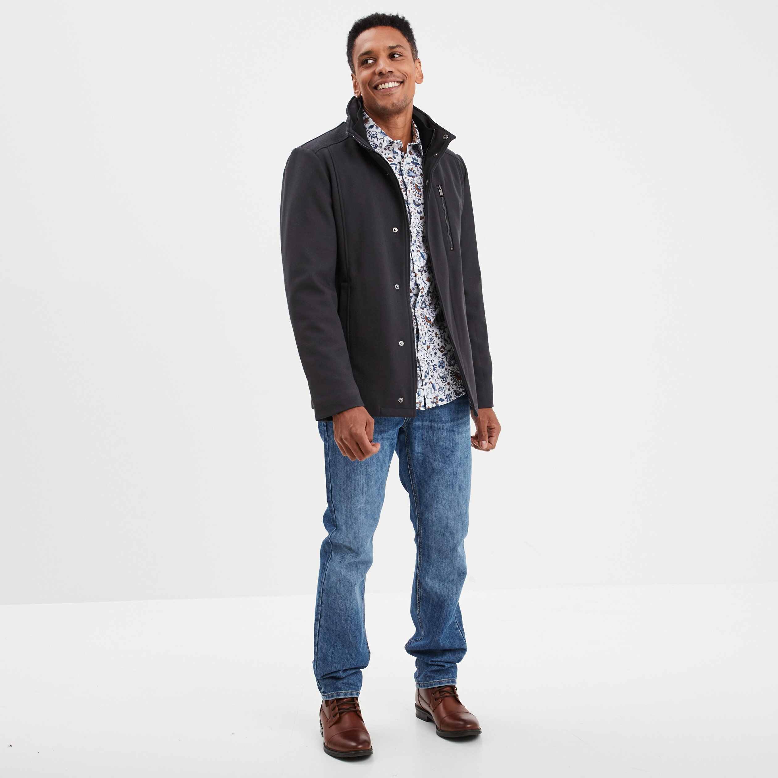 veste droite courte zippee col montant gris fonce homme Veste droite courte zippée col montant gris foncé homme