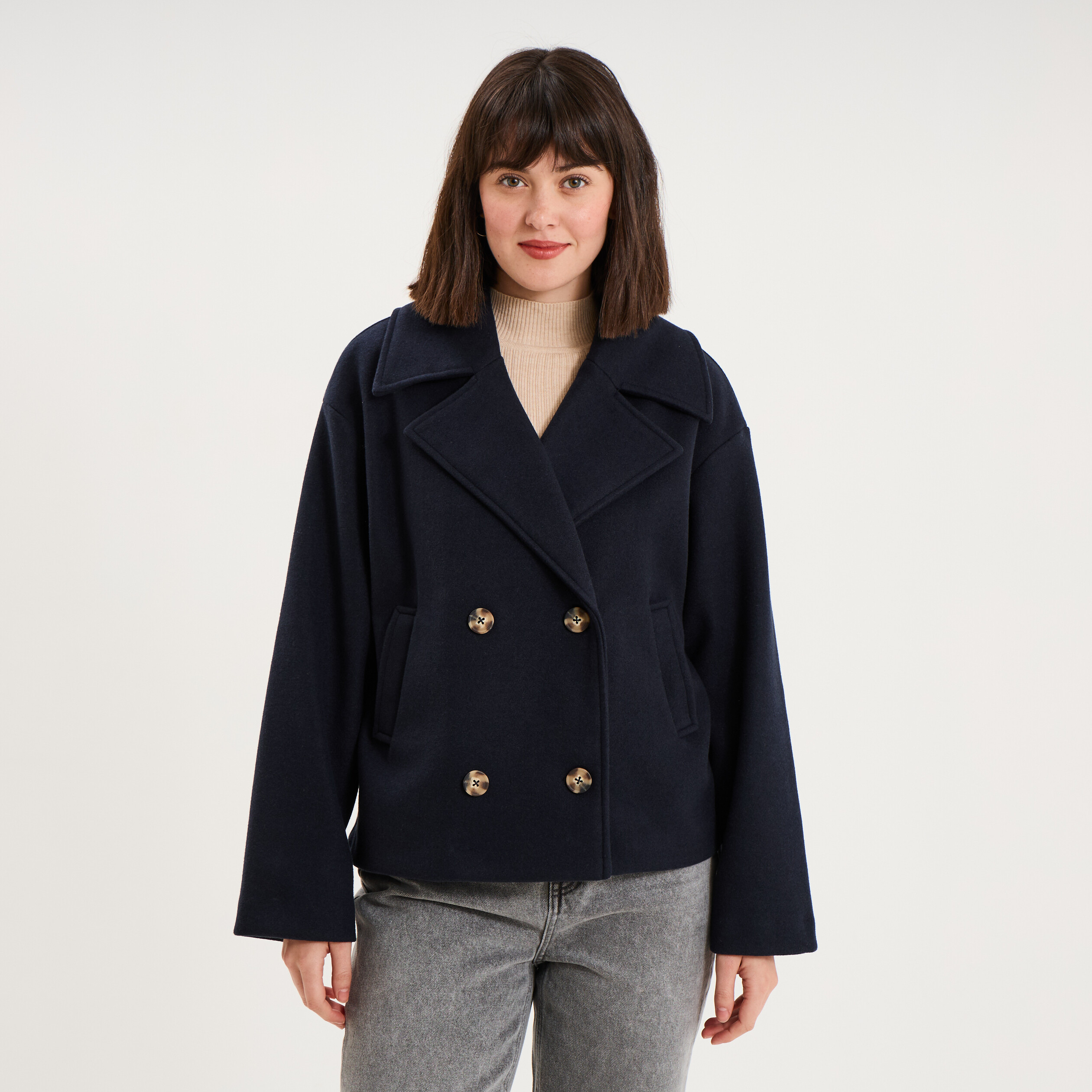 Manteau court double boutonnage bleu marine femme