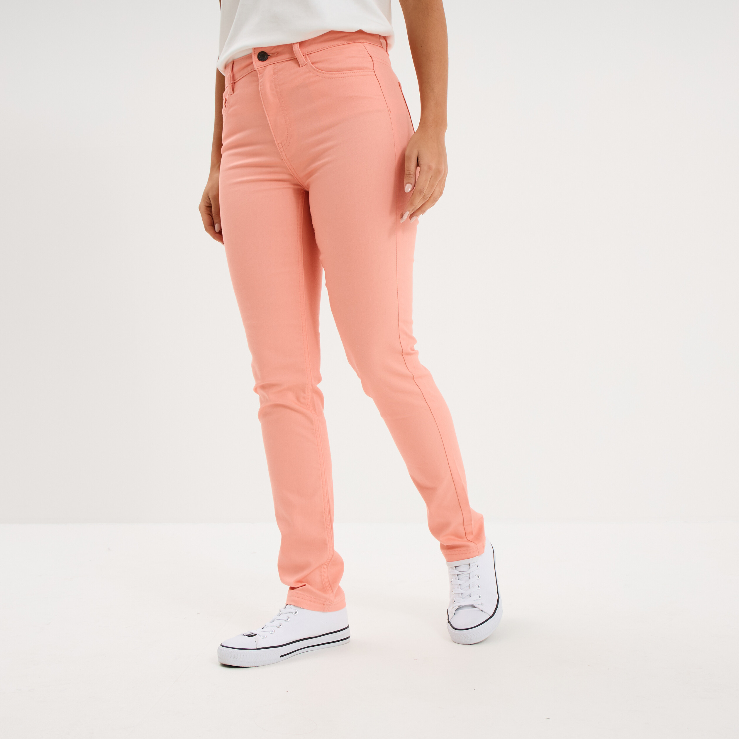 Pantalon slim stretch orange corail femme