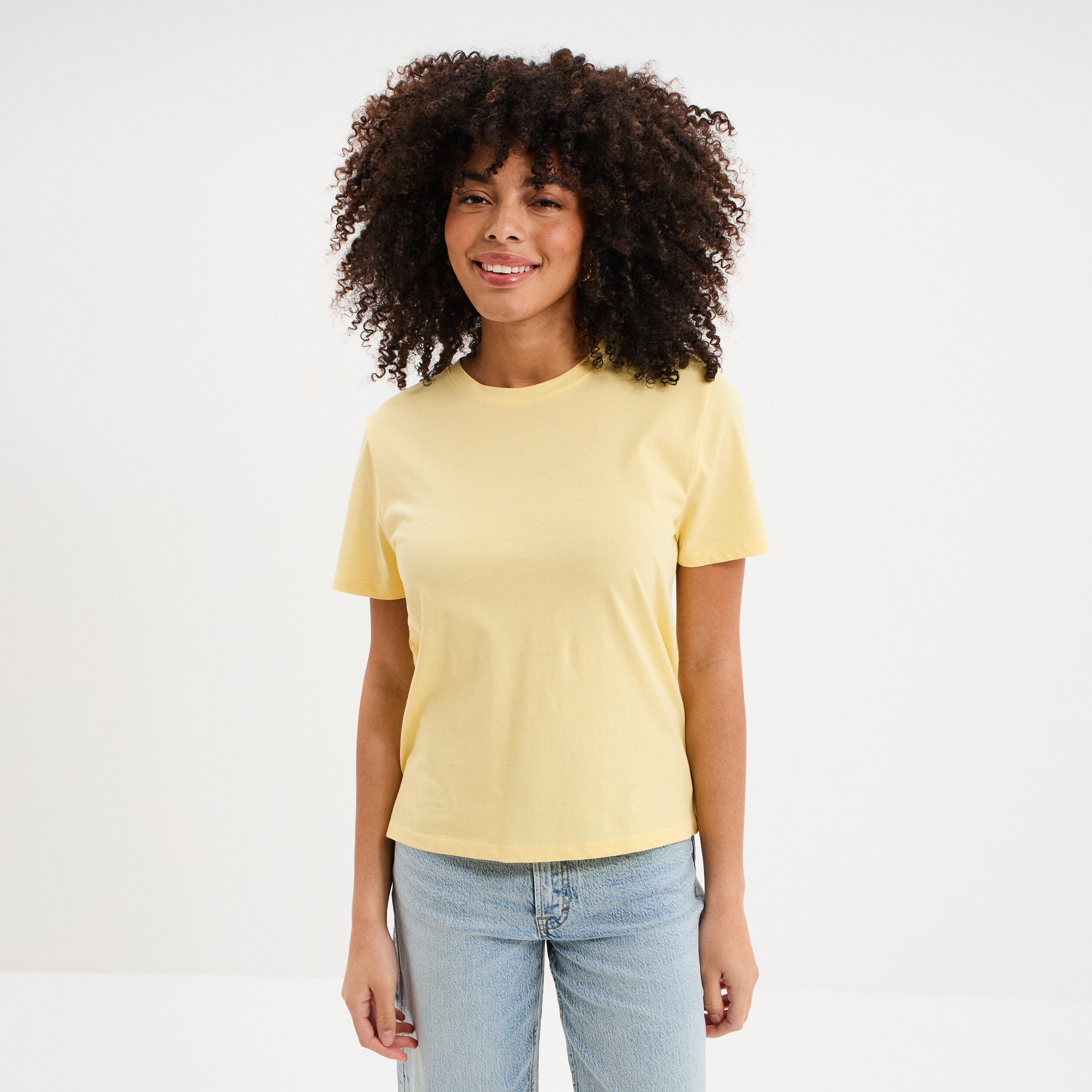 T-shirt col rond manches courtes coton jaune pastel femme