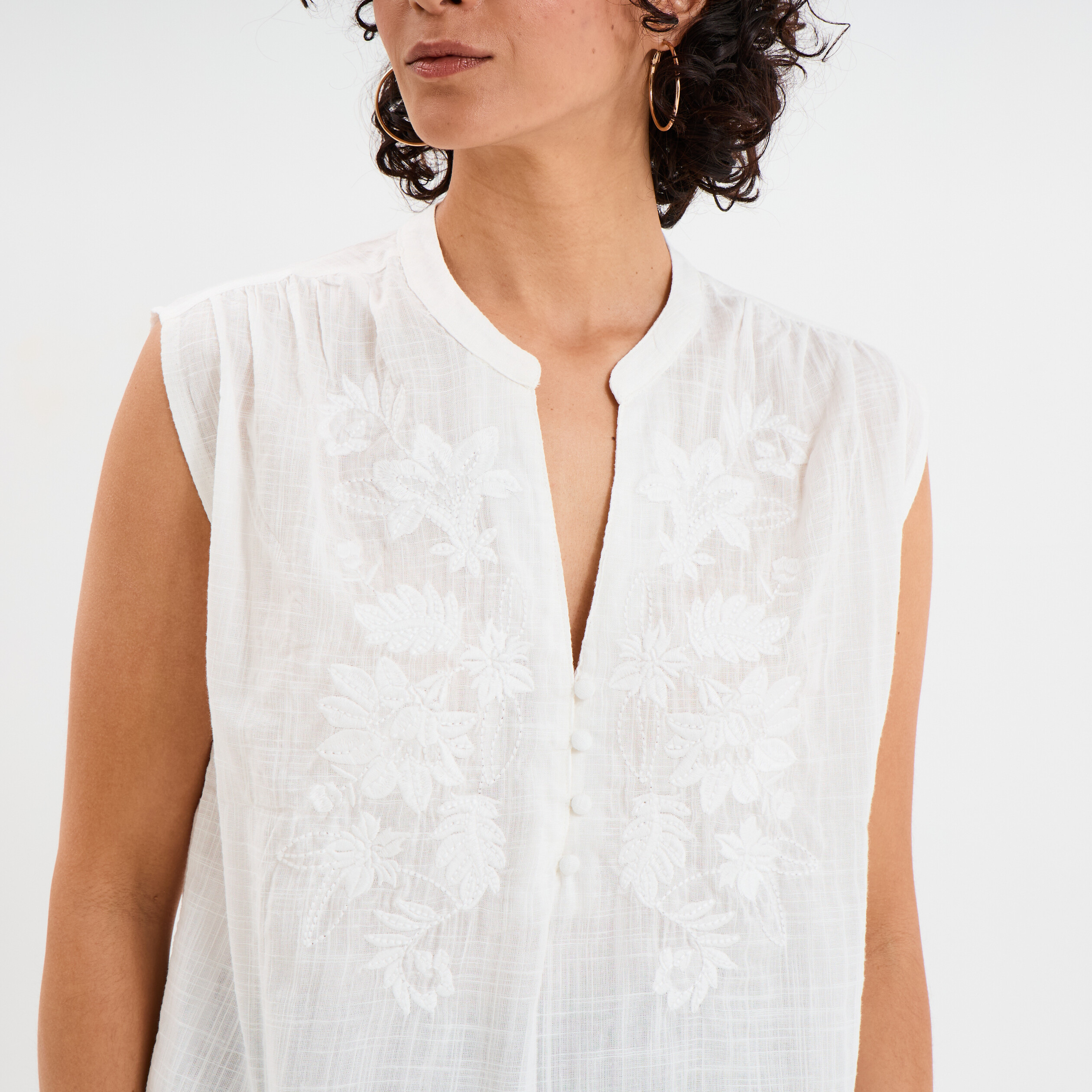 blouse col tunisien sans manches coton blanc femme Blouse col tunisien sans manches coton blanc femme