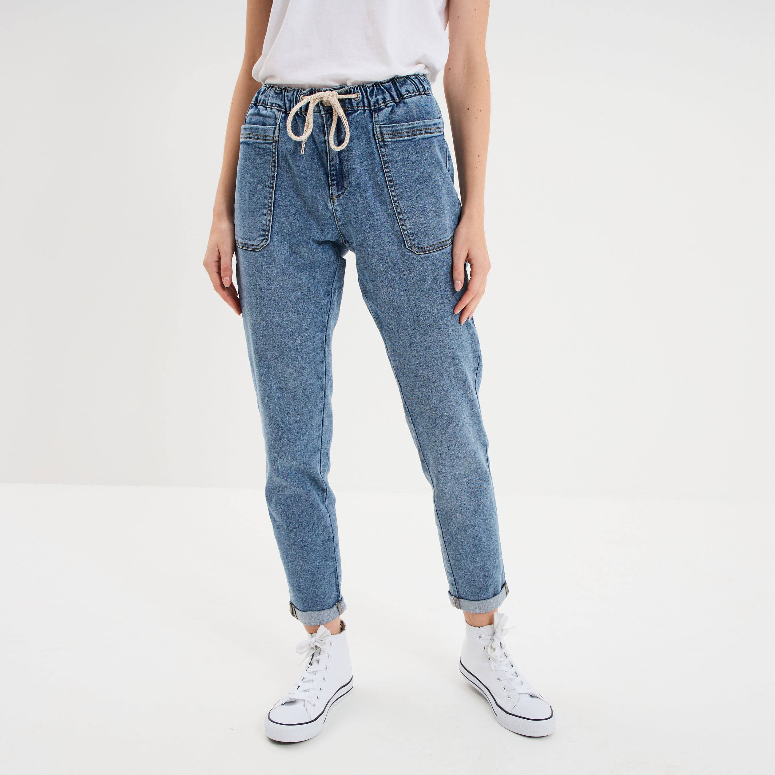 Jeans droit cropped taille &eacute;lastiqu&eacute;e denim stone femme