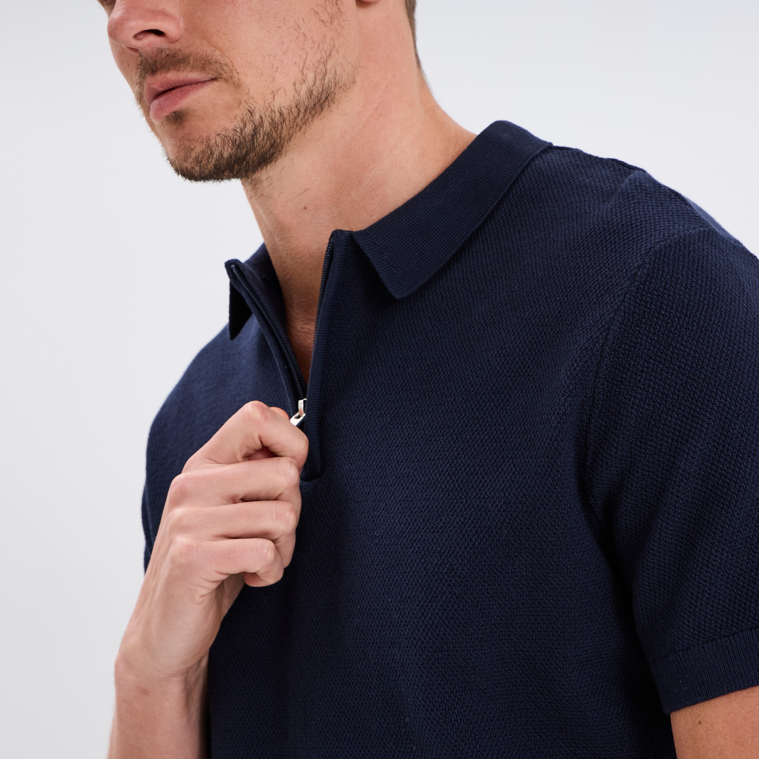 Polo col zipp&eacute; manches courtes coton bleu marine homme