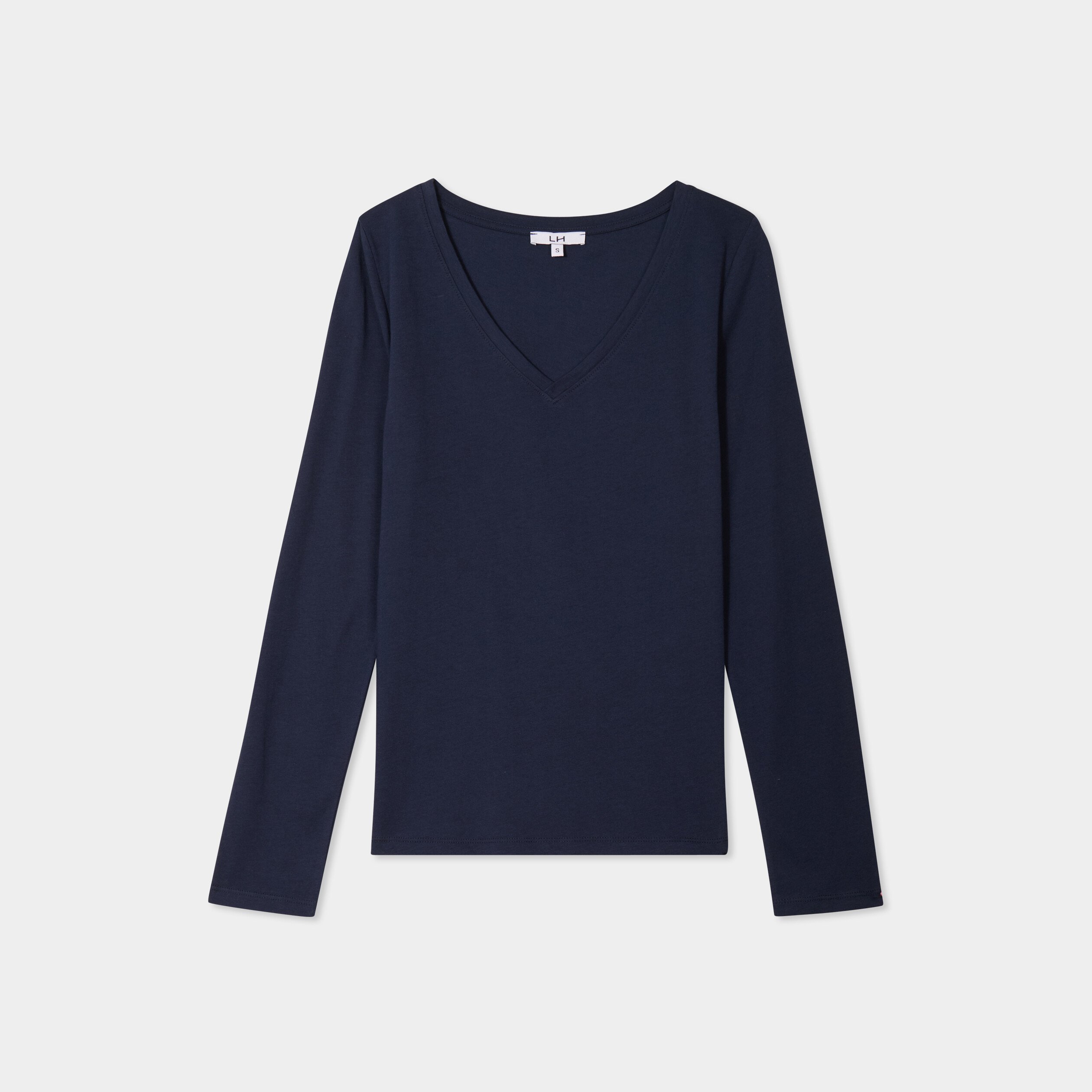 t shirt col en v manches longues coton bleu marine femme T-shirt col en V manches longues coton bleu marine femme
