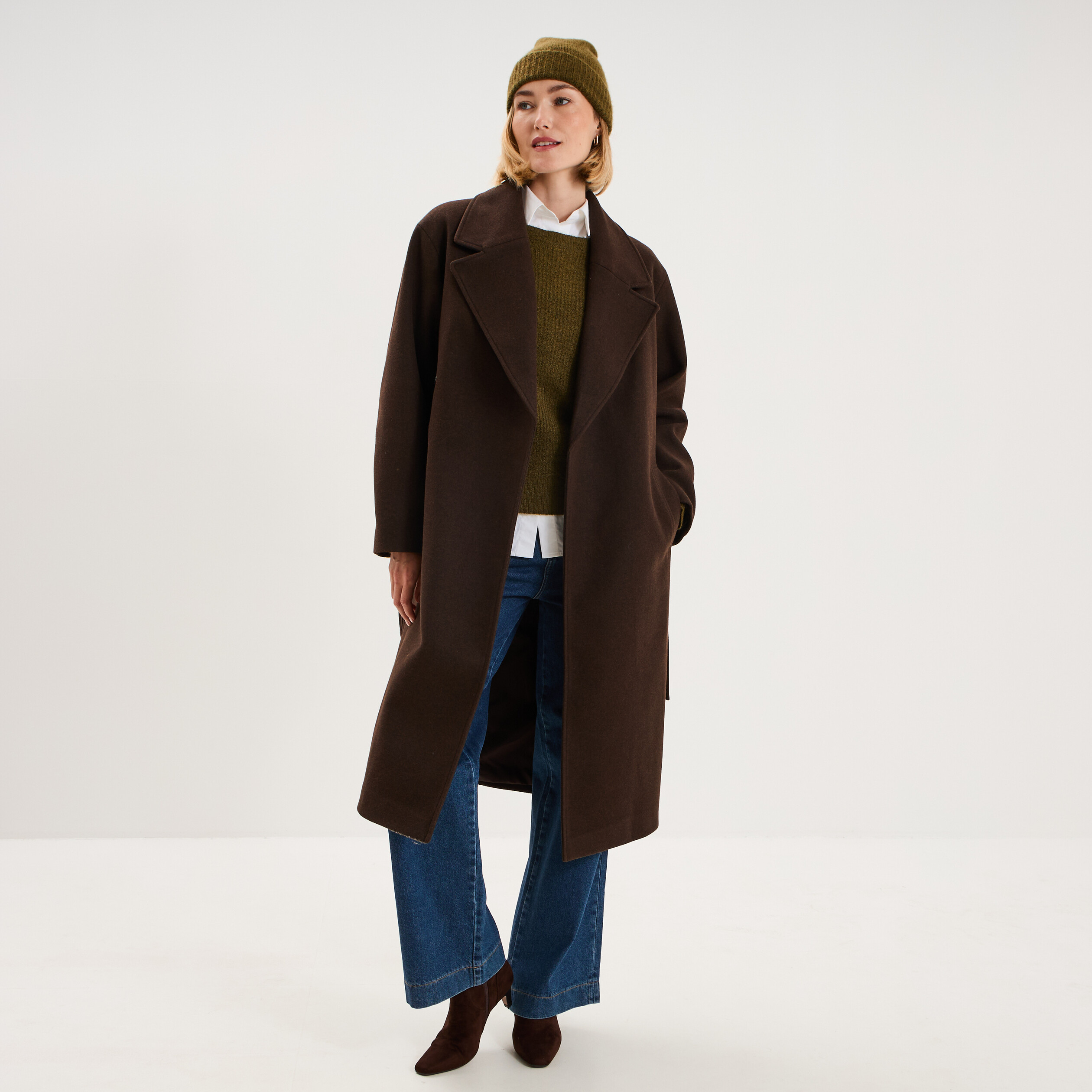 Pull col rond manches longues vert olive femme