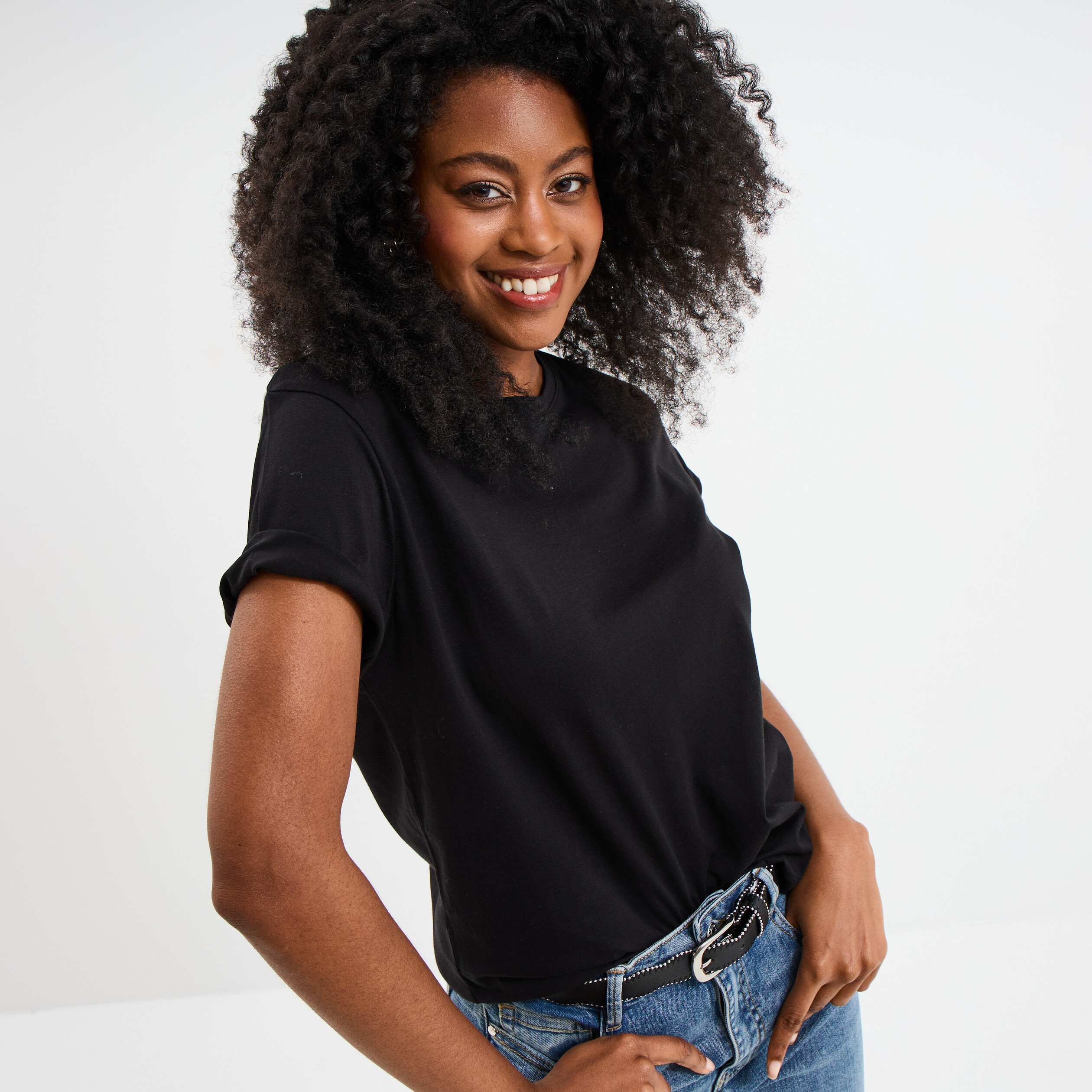 T-shirt col rond manches courtes coton noir femme