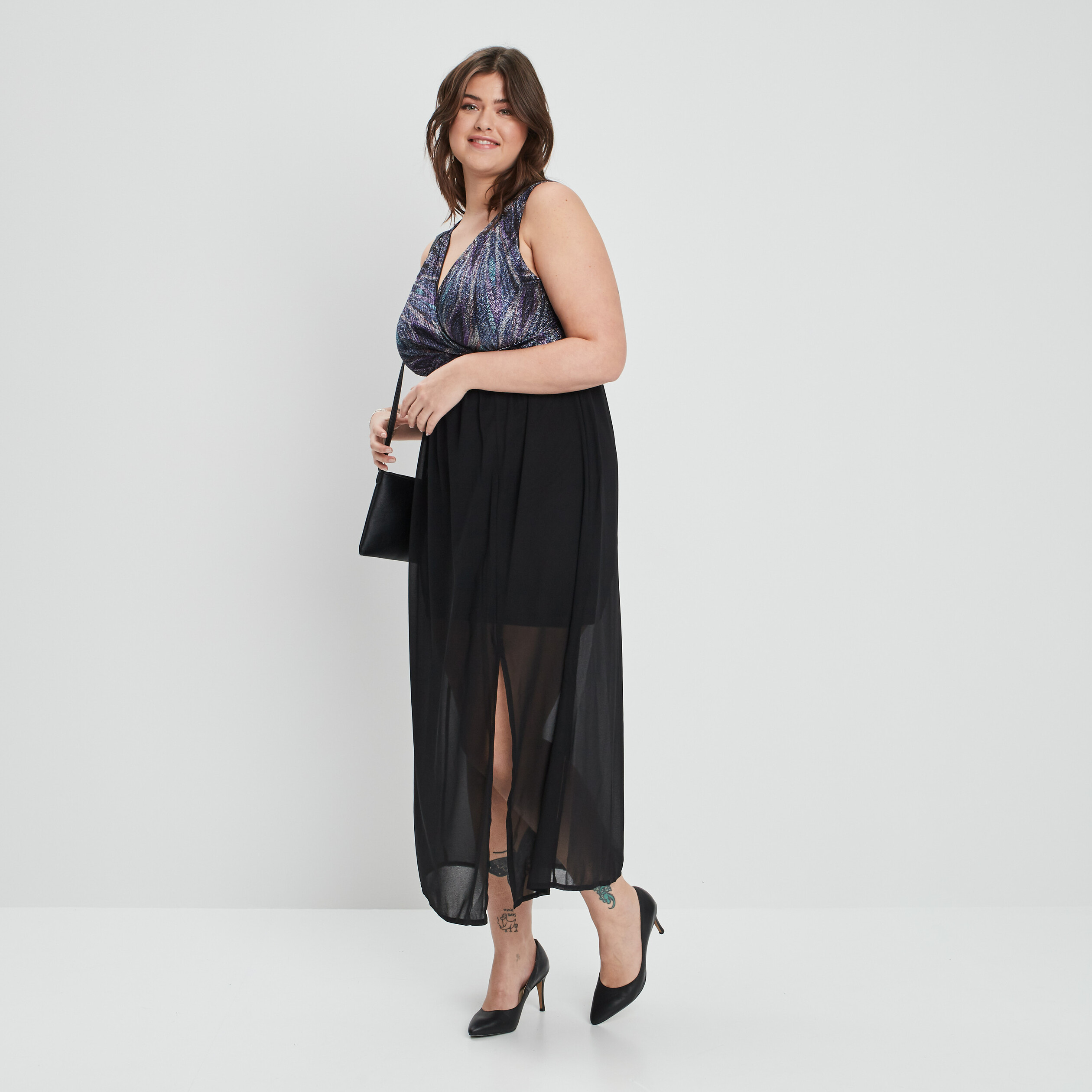 robe longue evasee col cache coeur noir femmegt Robe longue évasée col cache-coeur noir femme grande taille
