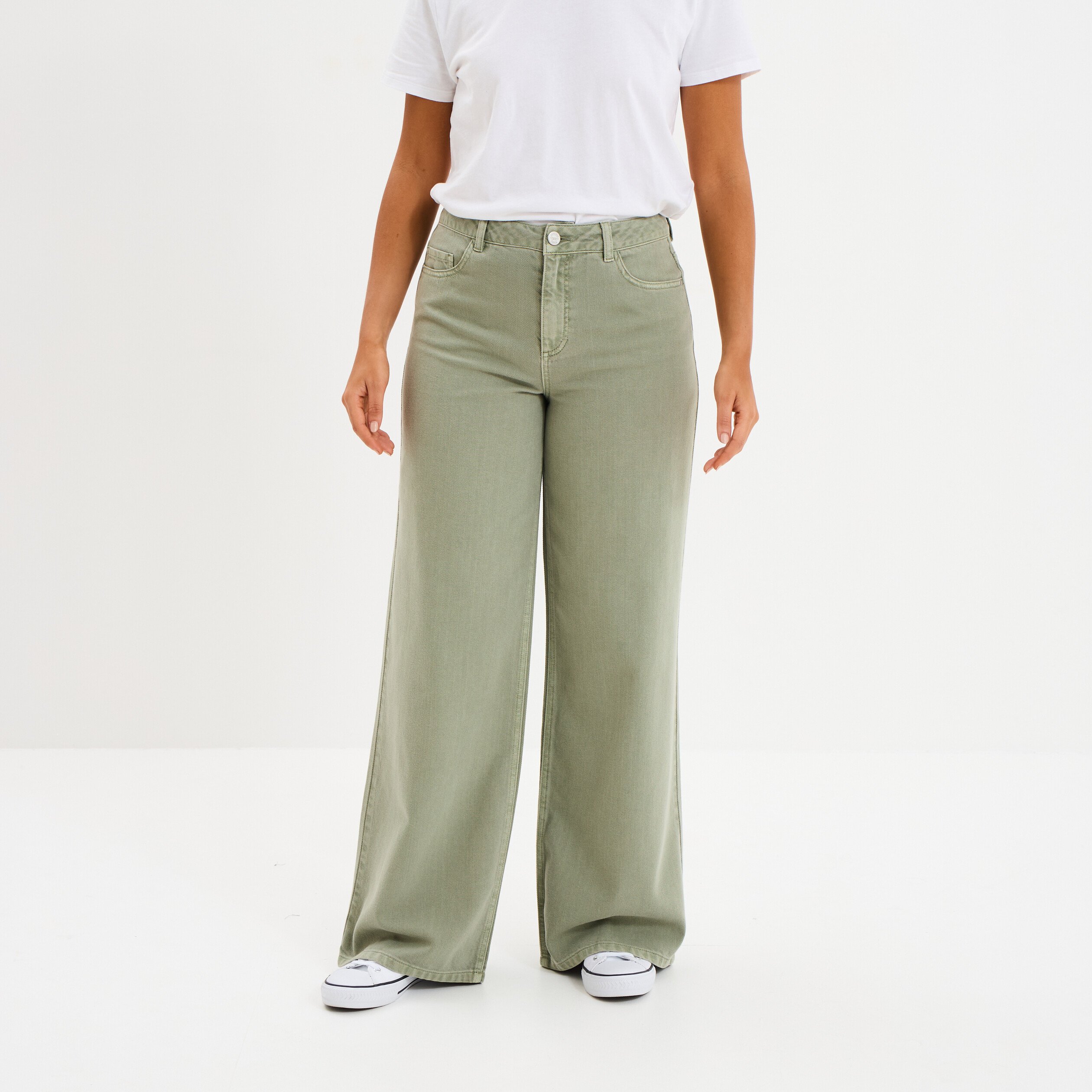 jeans large taille haute coton vert kaki femme Jeans large taille haute coton vert kaki femme
