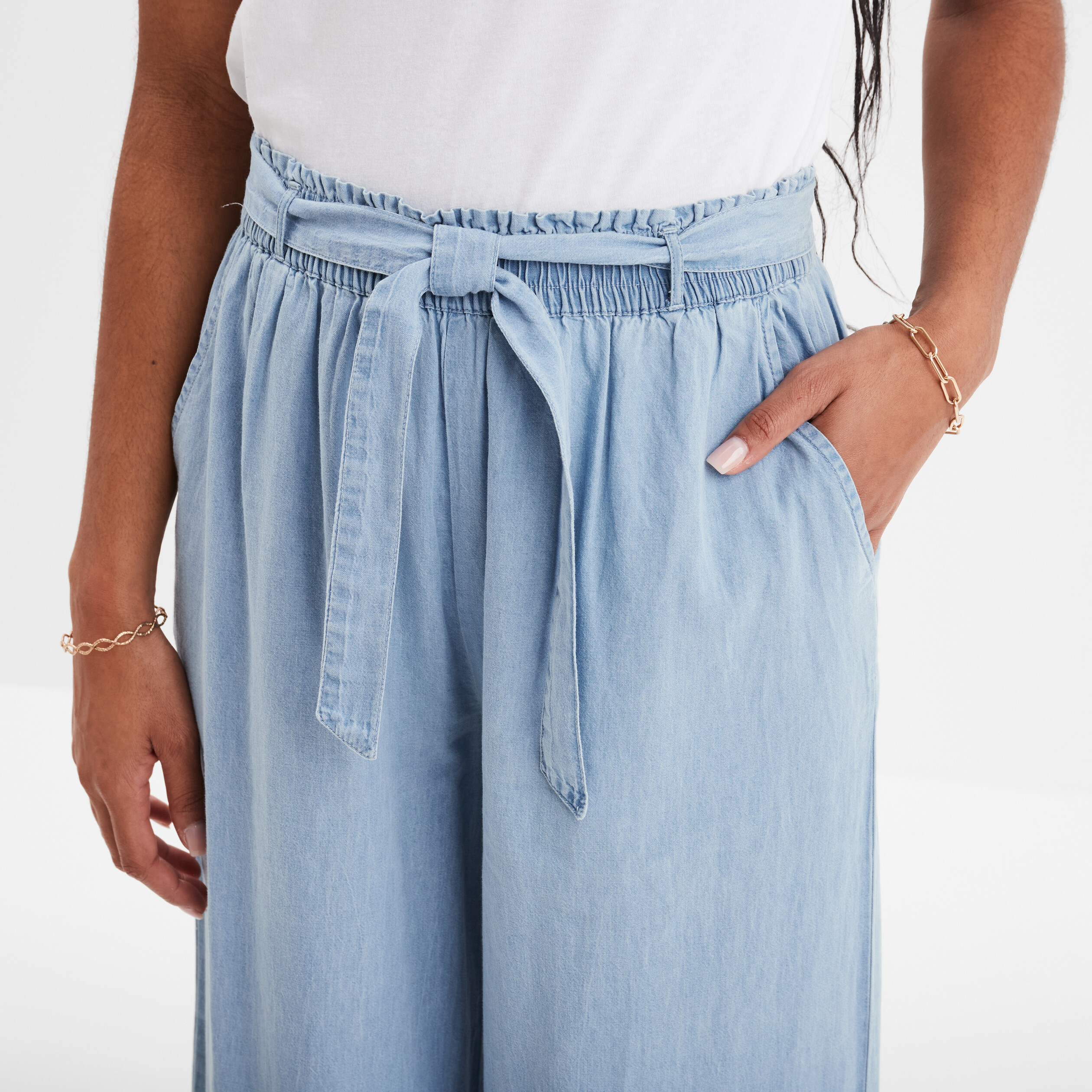 pantalon wide leg ceinture denim stone femme Pantalon wide leg ceinturé denim stone femme
