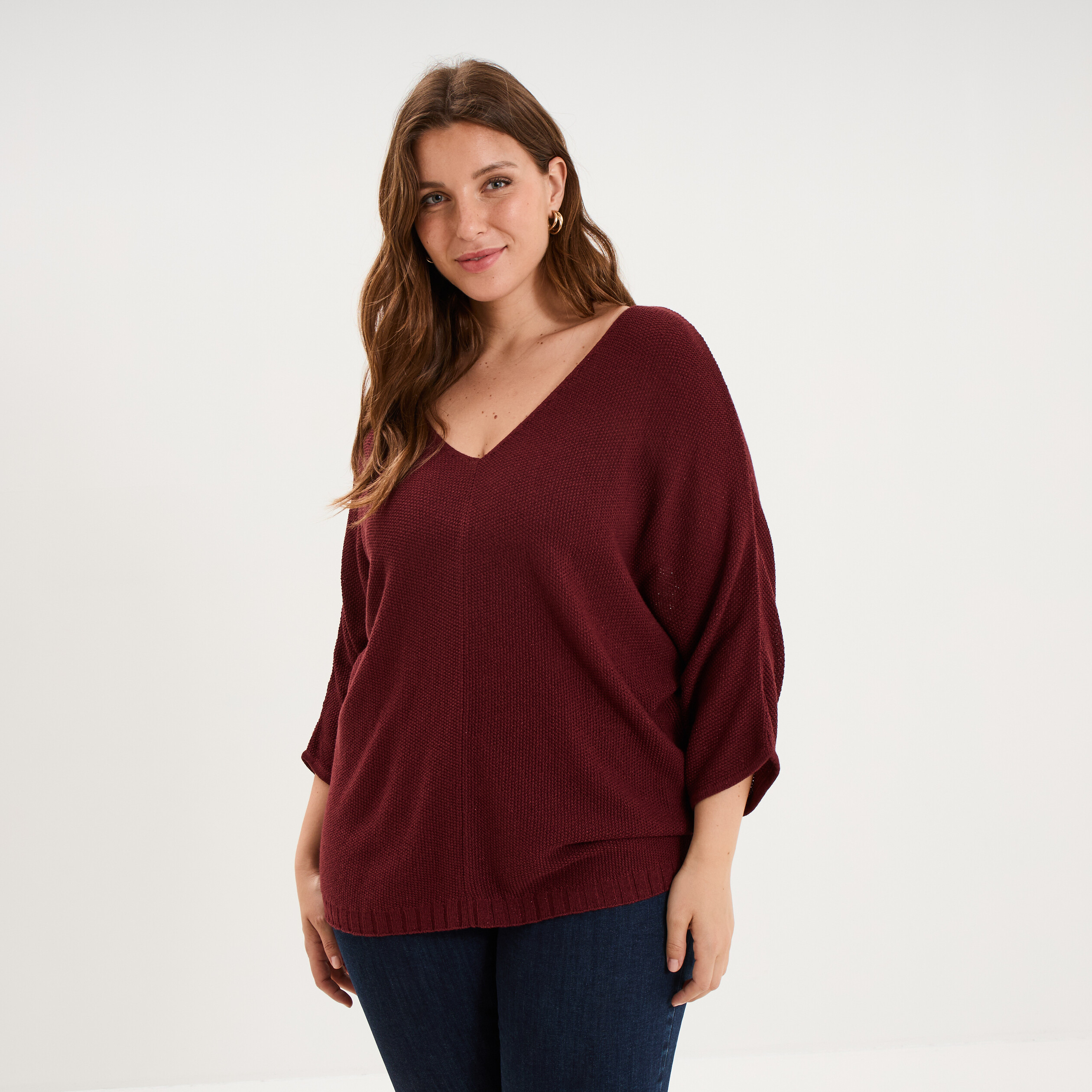 Pull manches 3/4 col en V violet fonc&eacute; femme grande taille