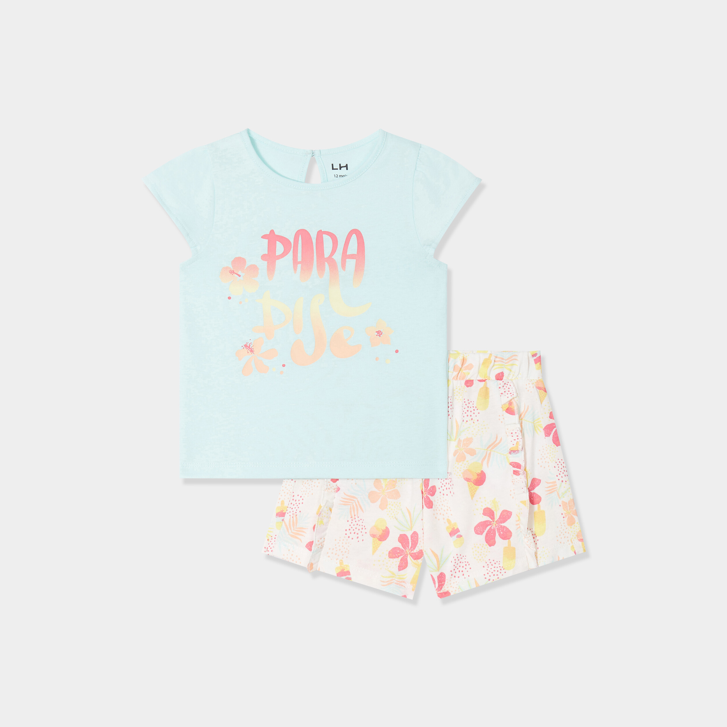 ensemble 2 pieces t shirt et short coton bleu pastel bebef Ensemble 2 pièces t-shirt et short coton bleu pastel bébé fille