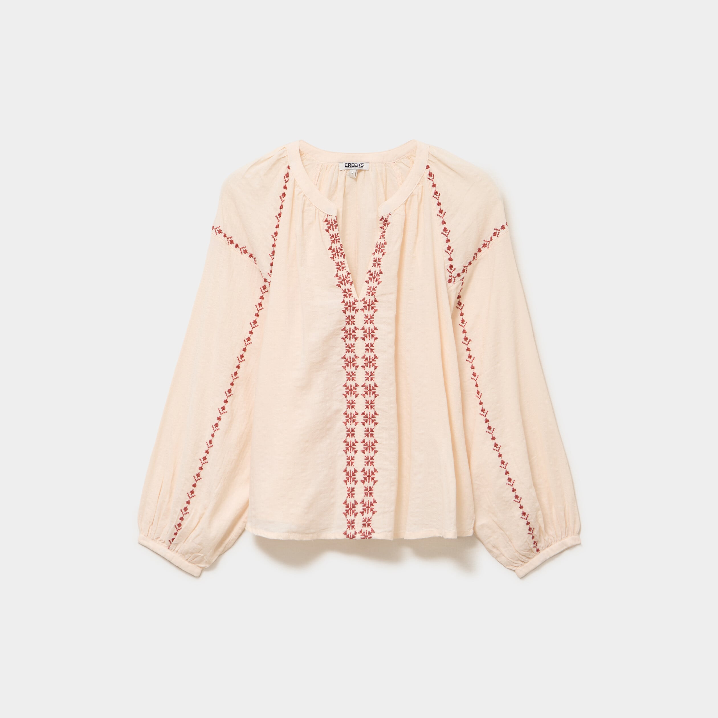 Blouse brod&eacute;e manches longues coton beige femme