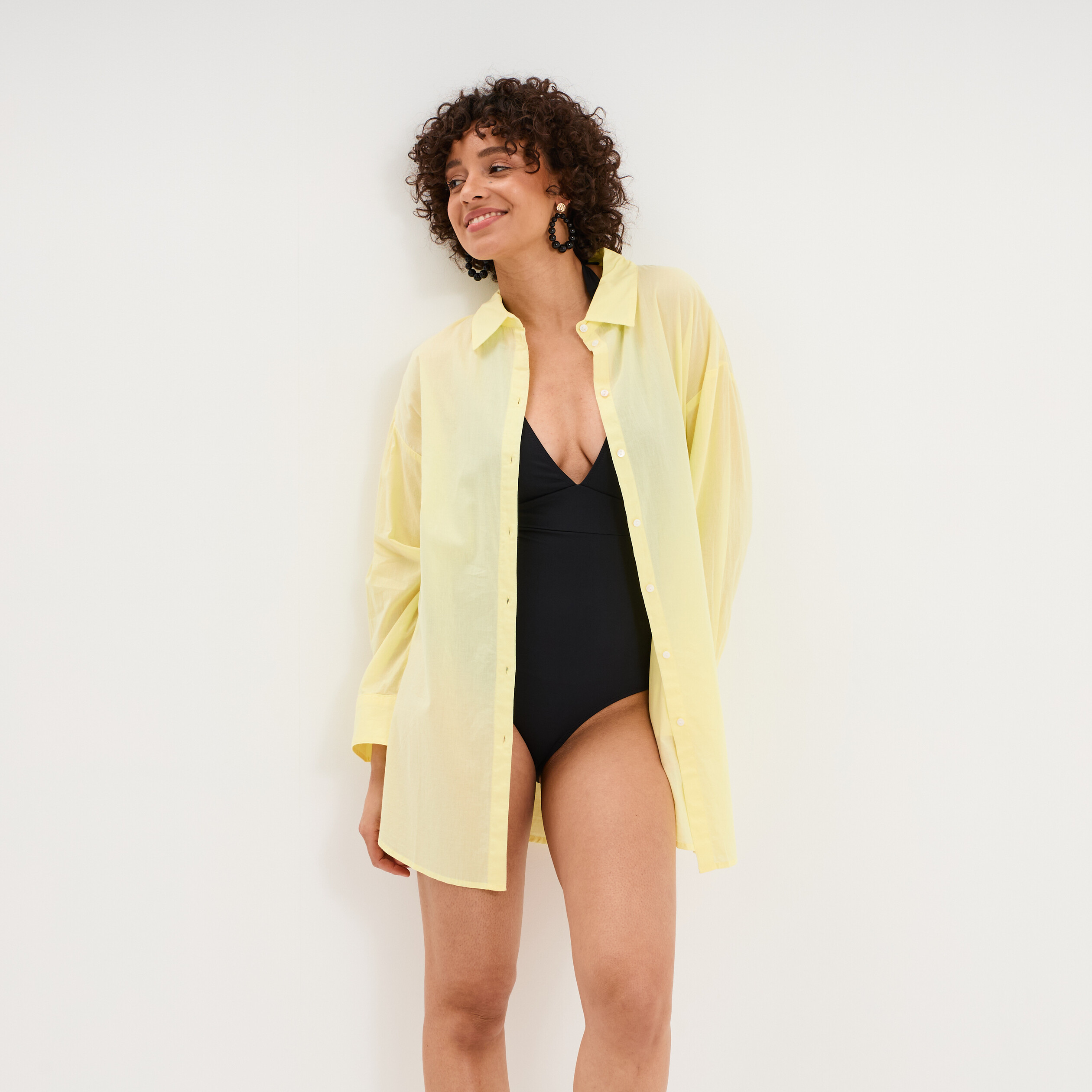 Robe chemise de plage voile de coton jaune femme