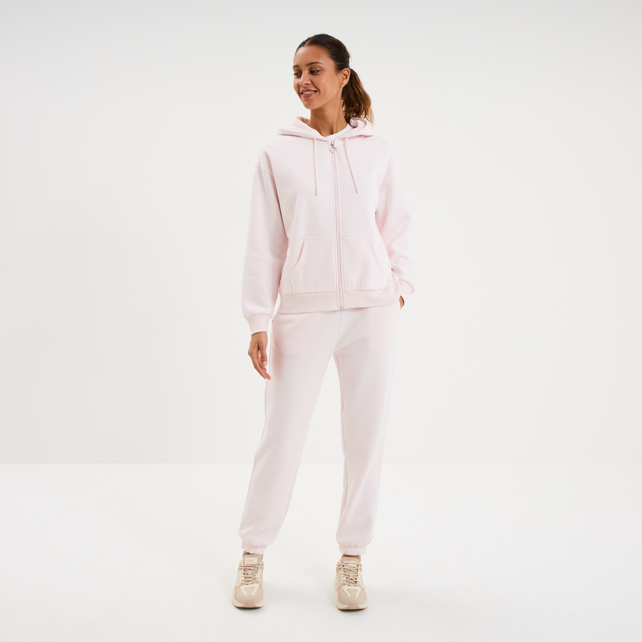 Sweat zipp&eacute; &agrave; capuche molleton rose clair femme